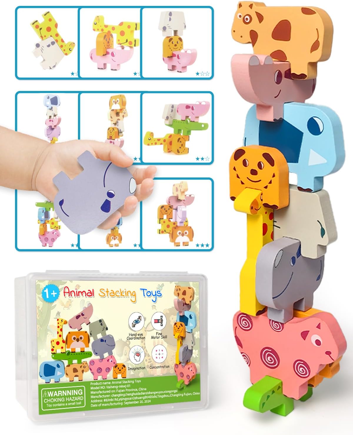 Toys for Toddlers 1-3, Montessori Toys for 1 2 3 4 Year Old Boys & Girls, Toy Age 2-4 0-2 Kids Baby, 1 2 3 Year Old Girls Boys Gifts, Wooden Animal Blocks Stacking Education Puzzles Toy
