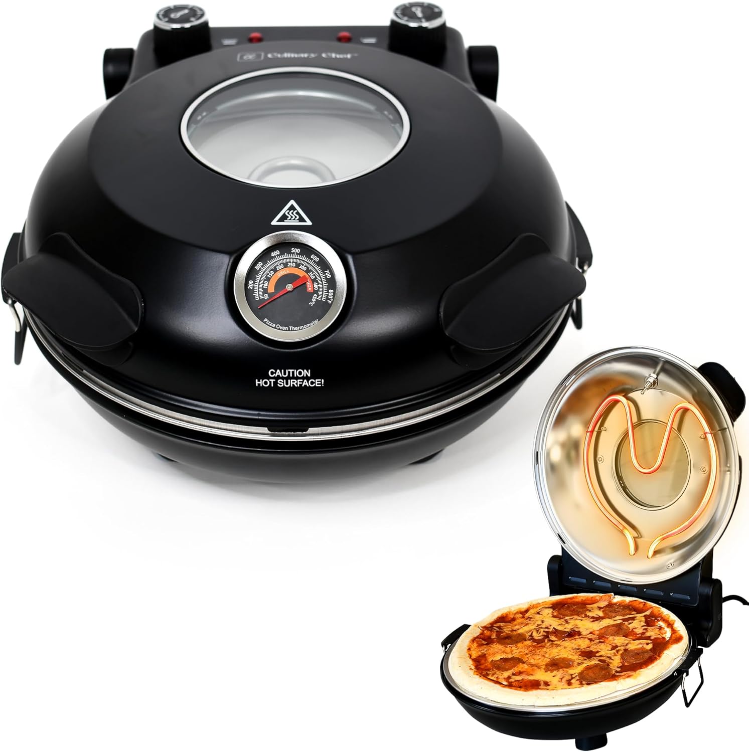 Electric Pizza Oven with Ceramic Stone, Viewing Window, Adjustable Heat Control, Timer and 1200W Baking Power, DIY Homemade Pizzeria, Large 12” Pie Capacity (Black)