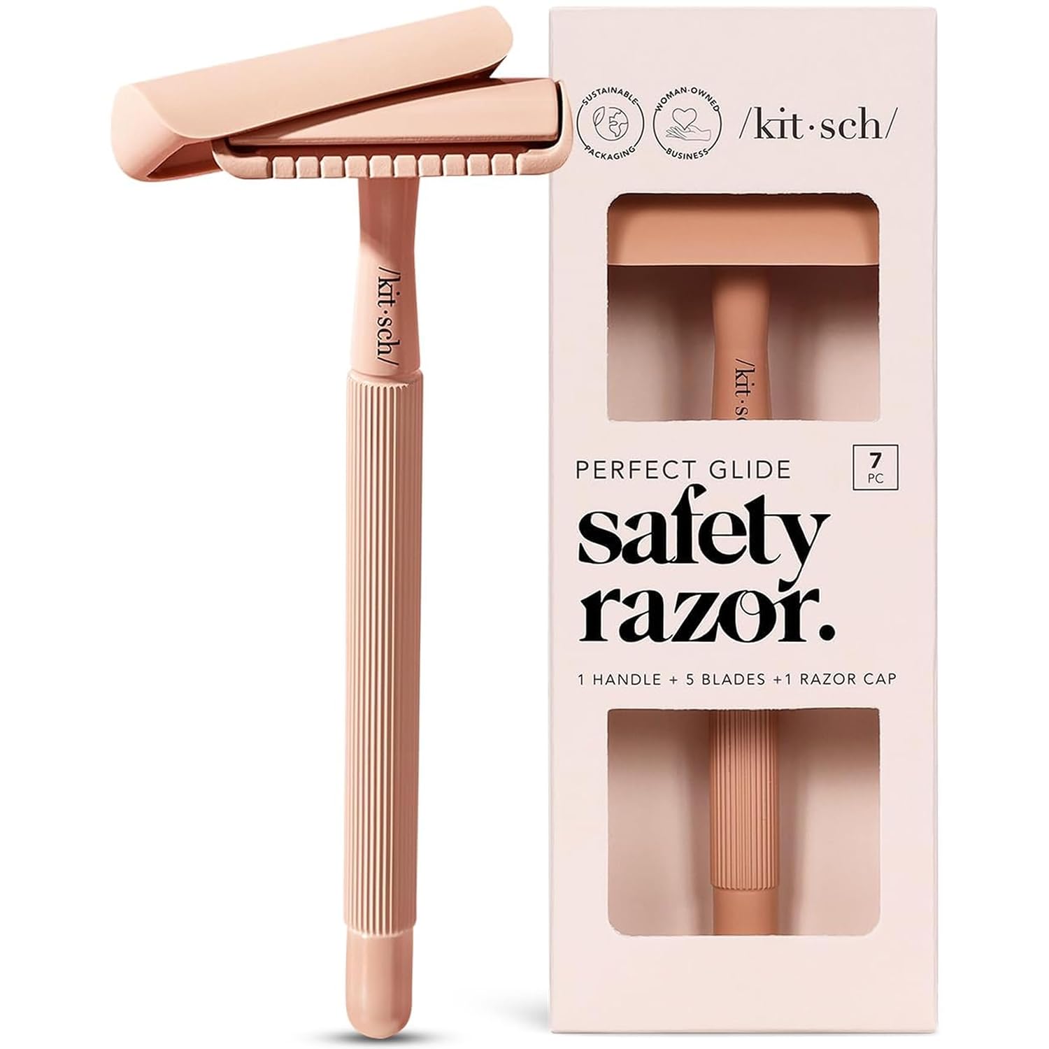 Kitsch Double Edge Safety Razors for Men and Women, Long Metal Handle and Stainless Steel Single Blade Razor, One Blade Razor with 5 Double Edge Refills, Safety Razor for Shaving - Terracotta