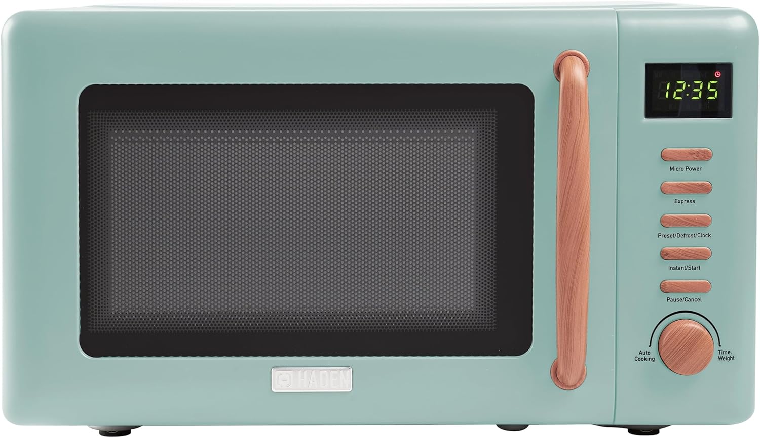 Haden Dorchester Green Microwave Oven - 20L 800W Microwave, Digital Controls, 5 Power Levels - Ideal Countertop Microwave with Wood Effect Finish, Small Kitchen Space