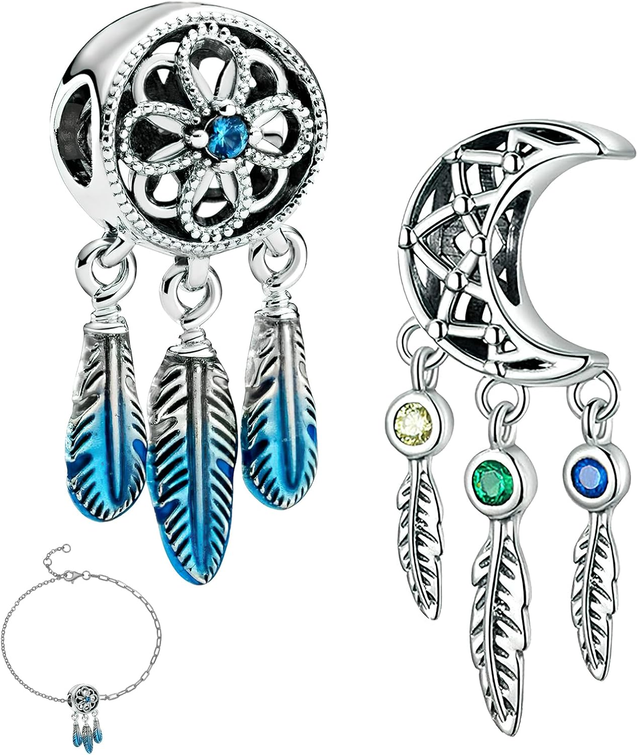 925 Sterling Silver Dangle Pendant Charm DIY Beads, Moments Spiritual DreamCatcher Bracelet Charm with Feather Tassels Fashion Jewelry Fits for Pandora Bracelet DIY Making Gift, 2PCS