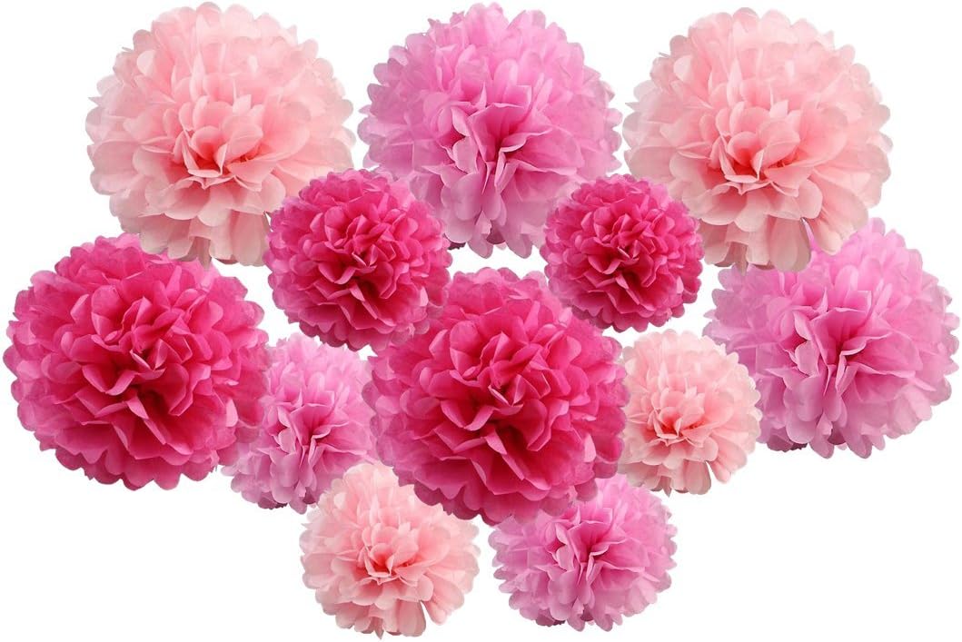 pack of 12 Pack Mixed Tissue Paper Pompom Pom Pom Hanging Garland Wedding Party Decorations (Pink Shade, mix 8" & 10" (20 cm & 25 cm))