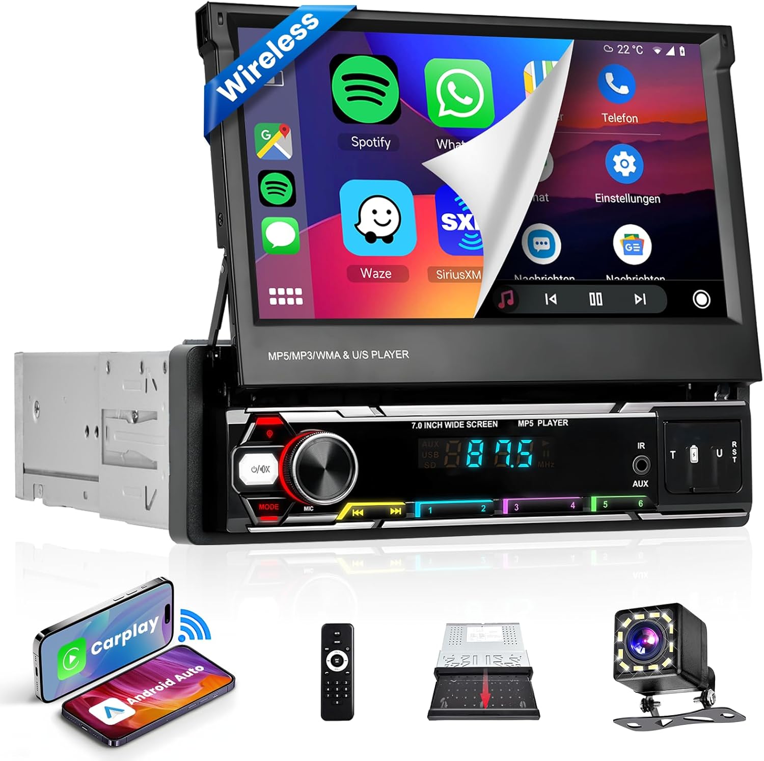 Podofo Single Din Flip Out Car Stereo Wireless Carplay, 7 inch HD IPS Touch Screen 1 Din Car Radio with Android Auto Bluetooth 5.1 Mirror Link AM/FM/RDS Radio USB TF AUX Remote Control HD Camera