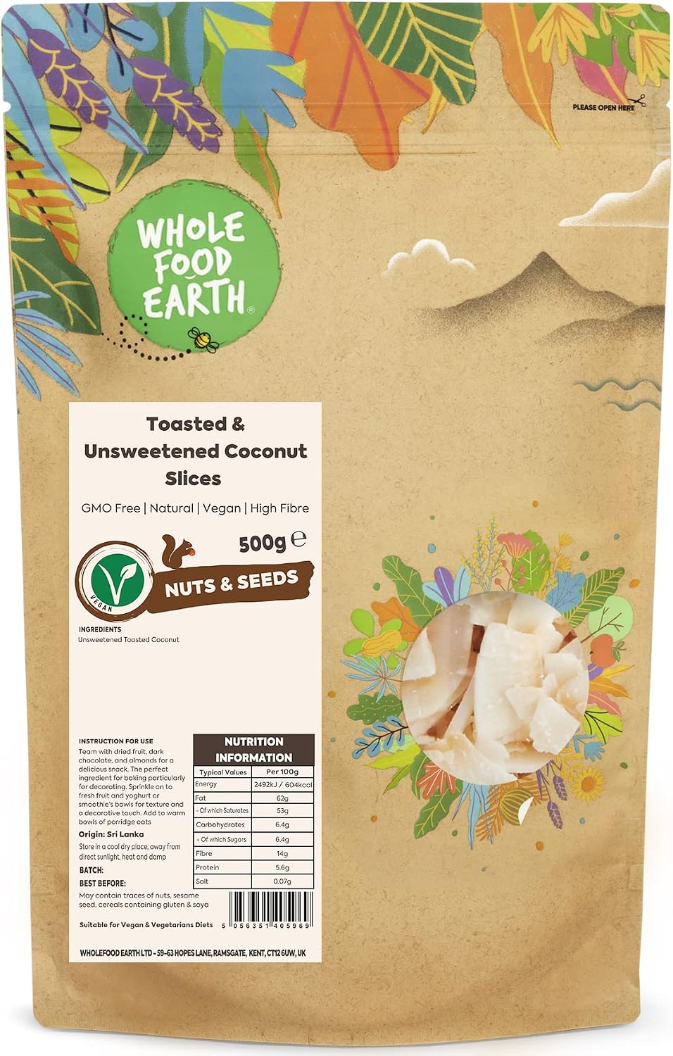 Wholefood Earth Toasted and Unsweetened Coconut Slices 500 g | GMO Free | Natural | High Fibre