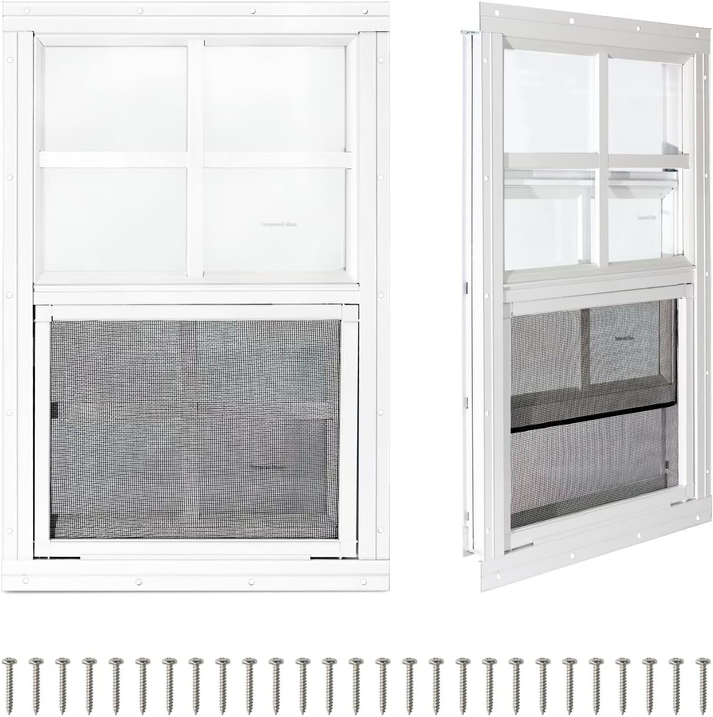 COLORPAPA 2 Pack Shed Windows,12" x 18" Small Sliding Windows,Flush Mount Windows with Tempered Glass and Fiberglass Screen for Shed, Chicken Coop, Playhouse, Household, Garage, Barns (White)