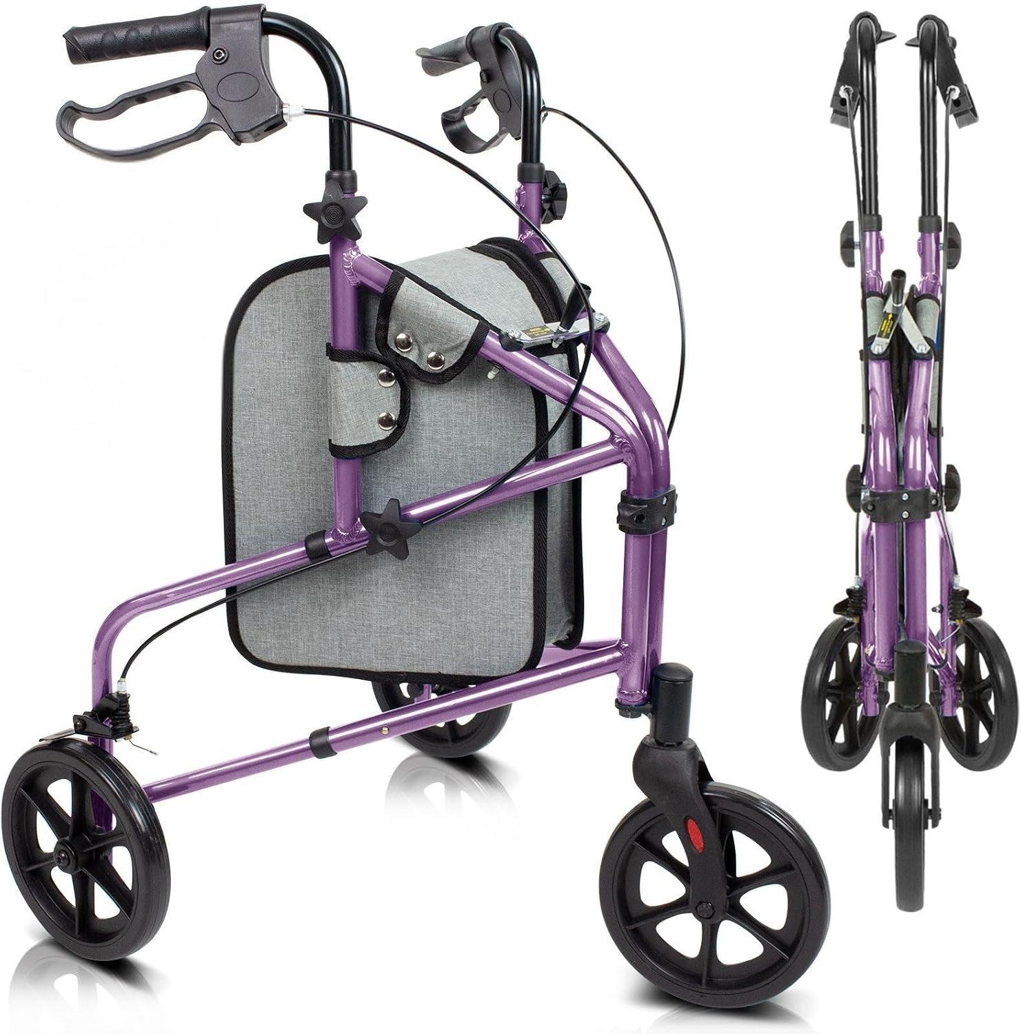 Vive Mobility 3 Wheel Rollator Walker - Lightweight and Foldable for Seniors, Elderly, Men, Women - Folding Heavy Duty Tri-Wheeled for Indoor/Outdoor Use (Purple)