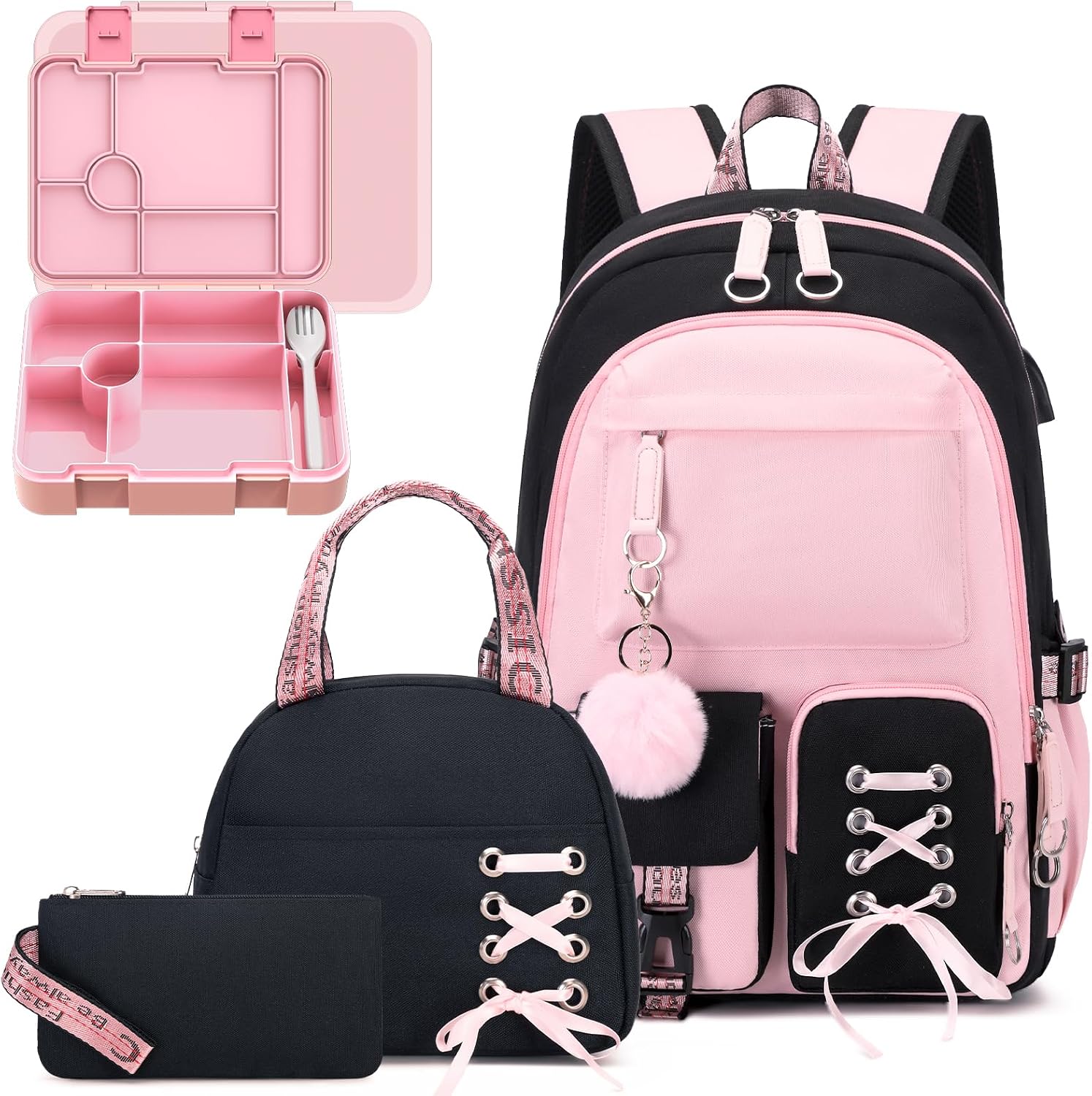 Kids School Backpack for Girls, 4-In-1 Bookbag Backpack Daypack Set with 43OZ Bento Lunch Box, Lunch Bag for Girls Kids Teen Elementary Middle School Student, Girl Backpacks for Schools