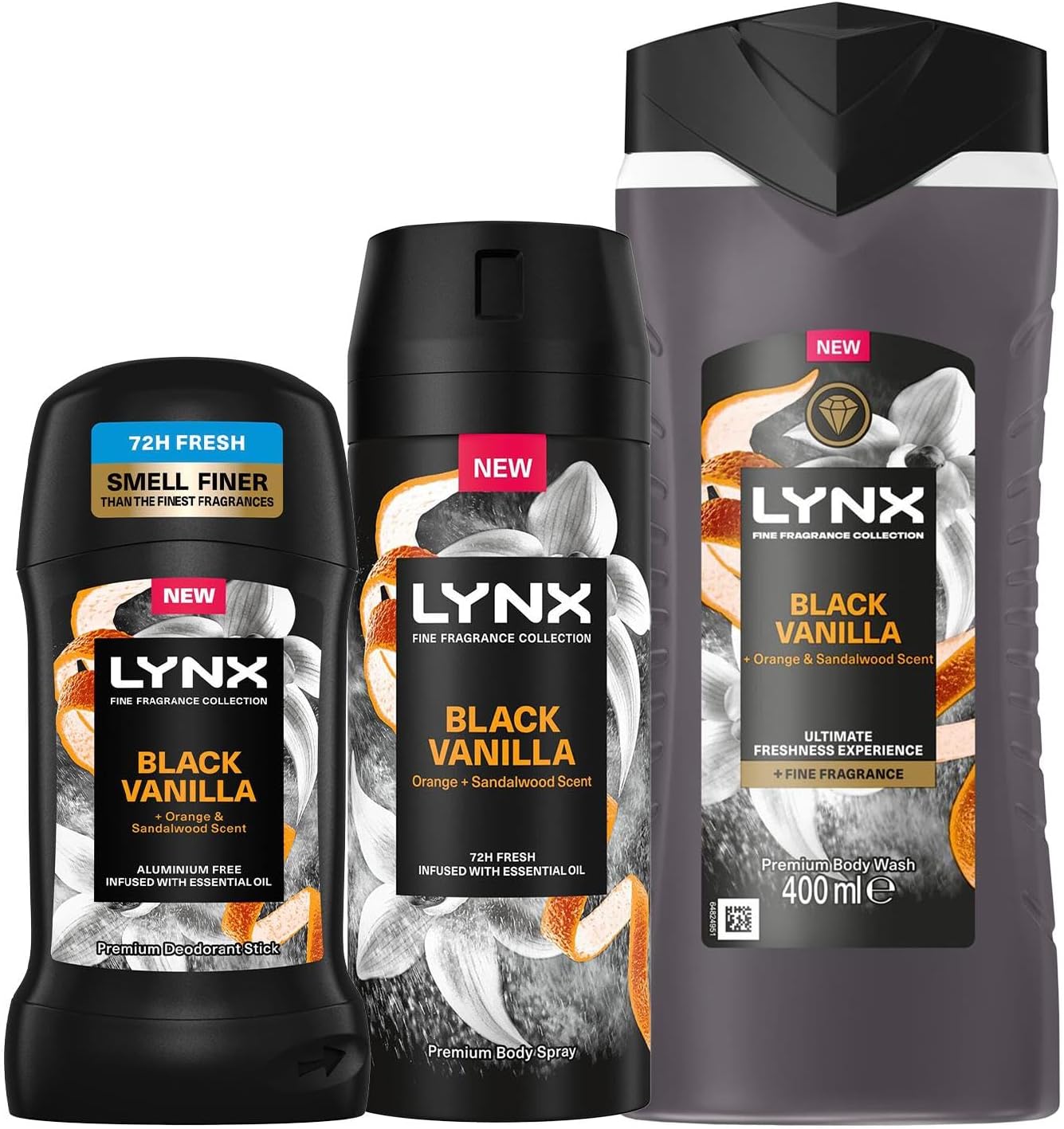 Lynx Fine Fragrance Collection of Black Vanilla Body Spray 150ml and Deodorant Stick 50ml with Body Wash 400ml Infused with a Vanilla, Orange and Sandalwood Scent for Long Lasting Freshness