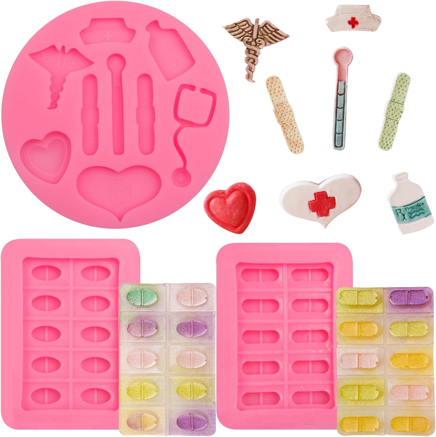 Pill Molds for Making Pills 3 Pcs, Medical Tablets Capsule Pill Fondant Molds Nurse Hat Stethoscope Pill Bottle Bandage Thermometer Medical Silicone Chocolate Candy Mold