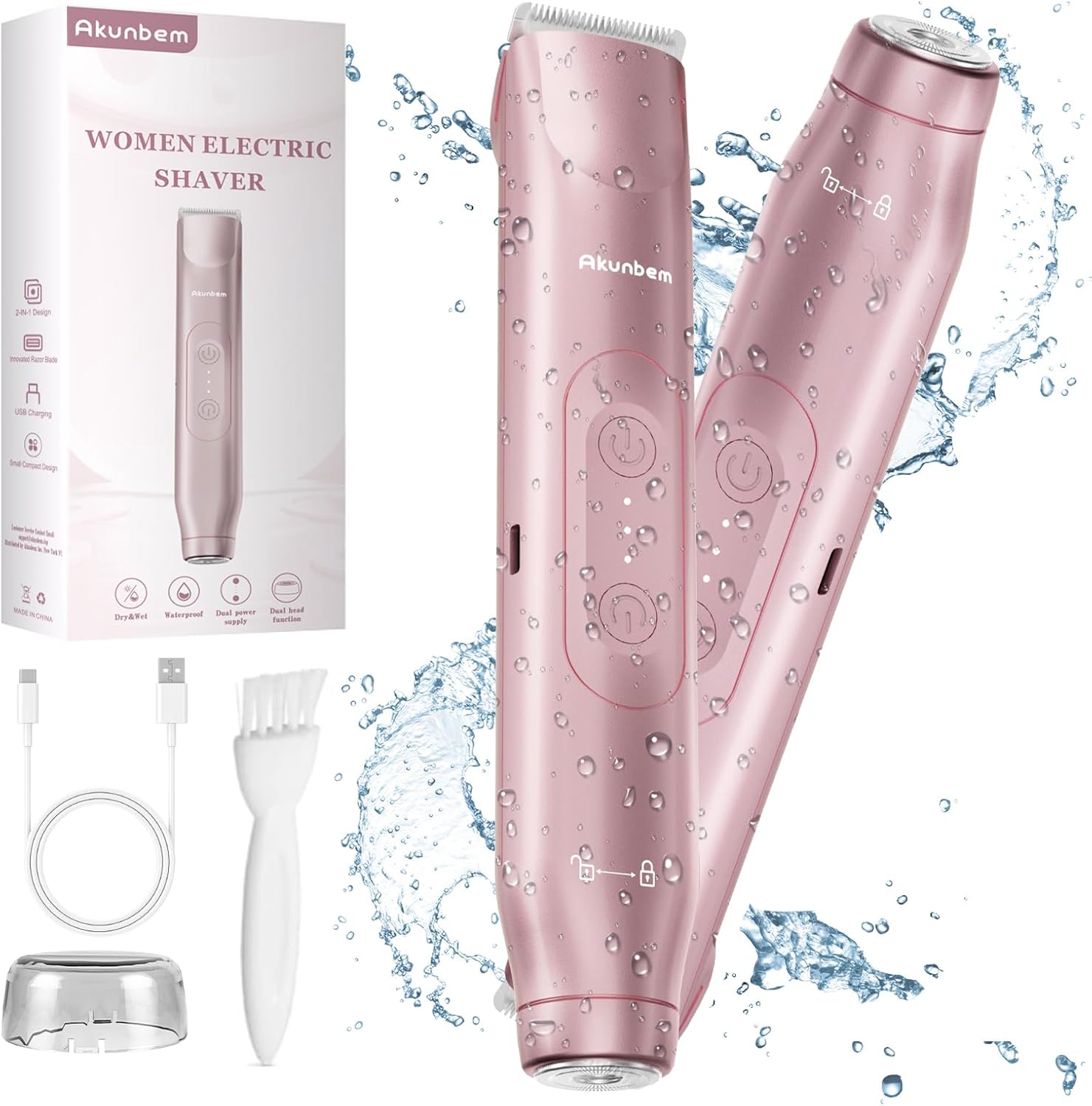 Akunbem Bikini Trimmer for Women 2 in 1 Electric Razors for Women | Dual Head Electric Shaver IPX7 Wet & Dry Body Hair Trimmer Facial Hair Remover for Underarm Leg Arm