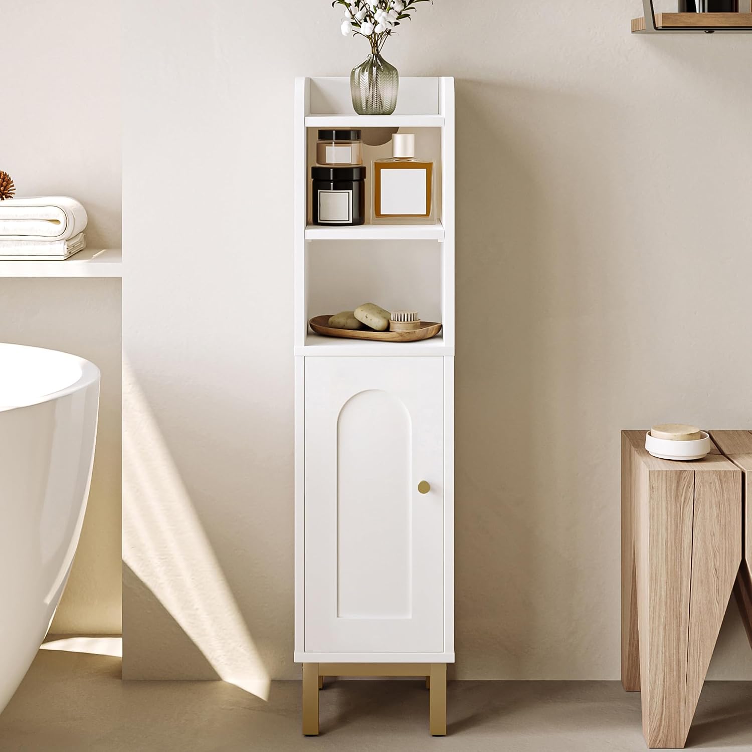 Bathroom Storage Cabinet, Small Corner Floor Cabinet with Door and Shelves, Narrow Toilet Paper Cabinet, Bathroom Organizer with Adjustable Shelf, for Small Spaces, White BC08203X