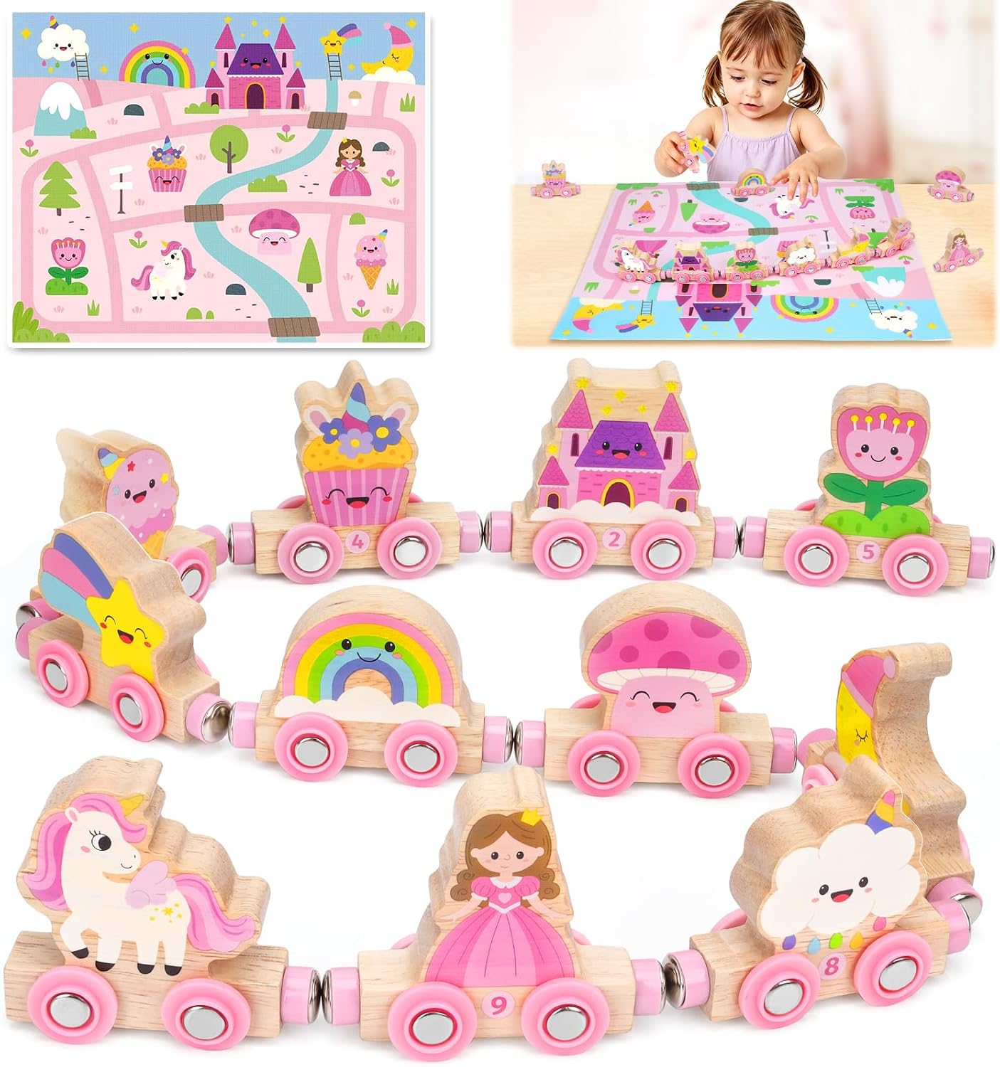 Toys for 1 2 3 Year Old Girls: Unicorn Gifts for Girls Age 1-4 Montessori Magnetic Wooden Train Set for Toddler Educational Toy with Princess Castle Fairy Tales Play Mat 1st Birthday Gift for Girl