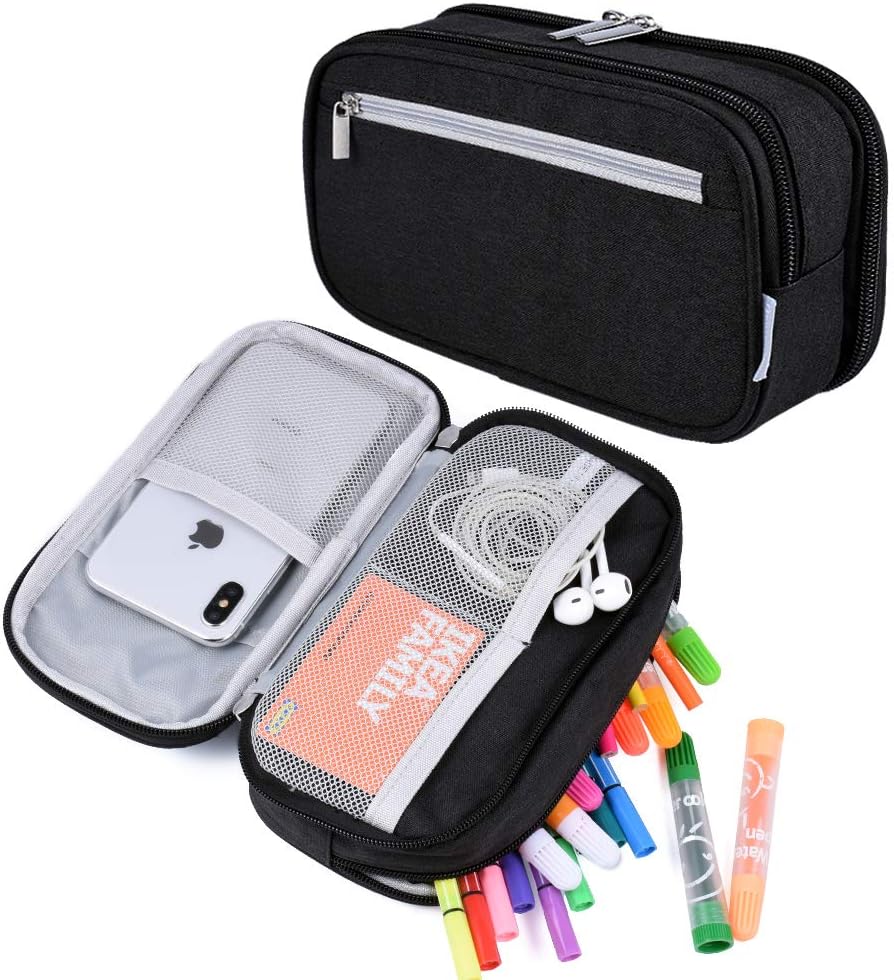 YONZONE Large Pencil Case Big Capacity Pencil Cases Pencil Bag Pen Pouch, 3 Multi Compartments Stationery Office School Supplies High Storage Organiser for Boys Girls Teenage Adult Makeup Bag, Black