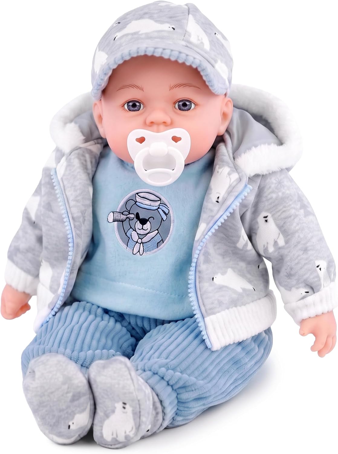 BiBi Doll Baby Doll Boy with Soft Body - 18’’ Lifelike, Grey Luxury Outfit - Includes Dummy & Baby Sounds, Realistic Toy for Girls & Boys Age 18 Months+