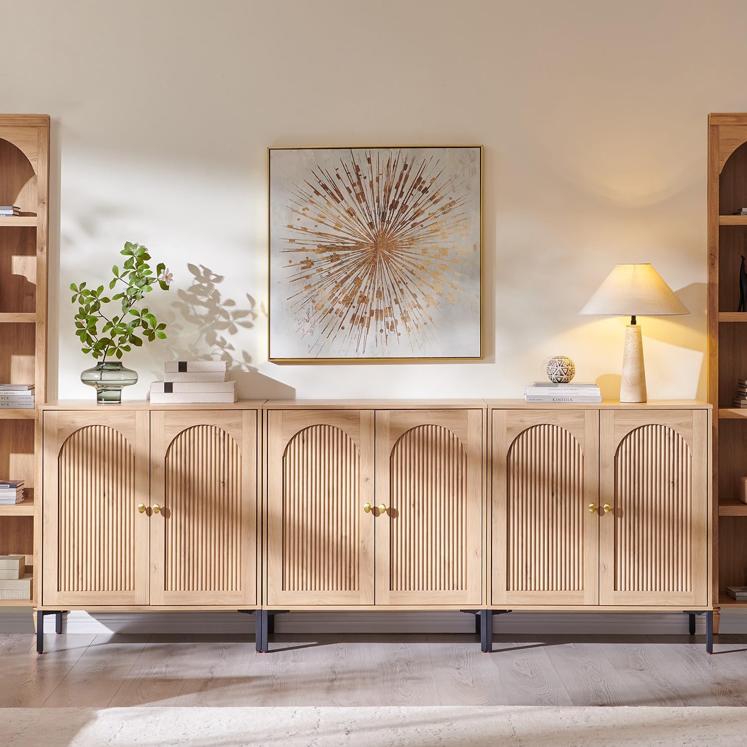 IFGET 92.63" W Modern Arched Sideboard Buffet Cabinet with Storage, Natural | Fluted Arch Sideboard Cabinet w/Adjustable Shelves, Wooden Modular Kitchen Cabinet for Dining& Living Room, Entryway