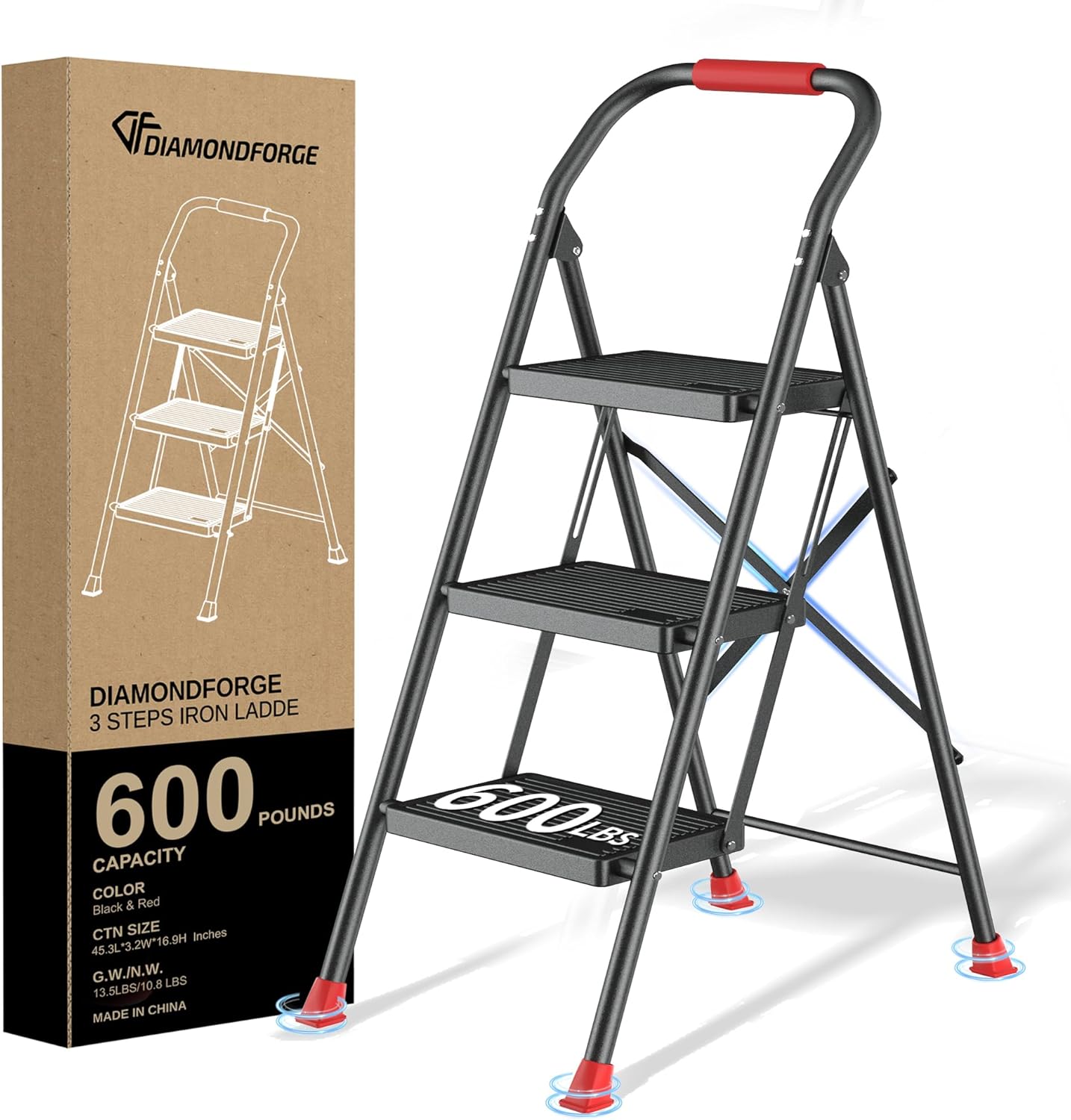 Step Ladder Foldable Folding Stool - for Home Adults Kitchen 3 Stepping Extension Tall Heavy Duty with Handrails - Closet Stepstool Stair Ladders Extendable Stepladder for Indoor House 600Lbs