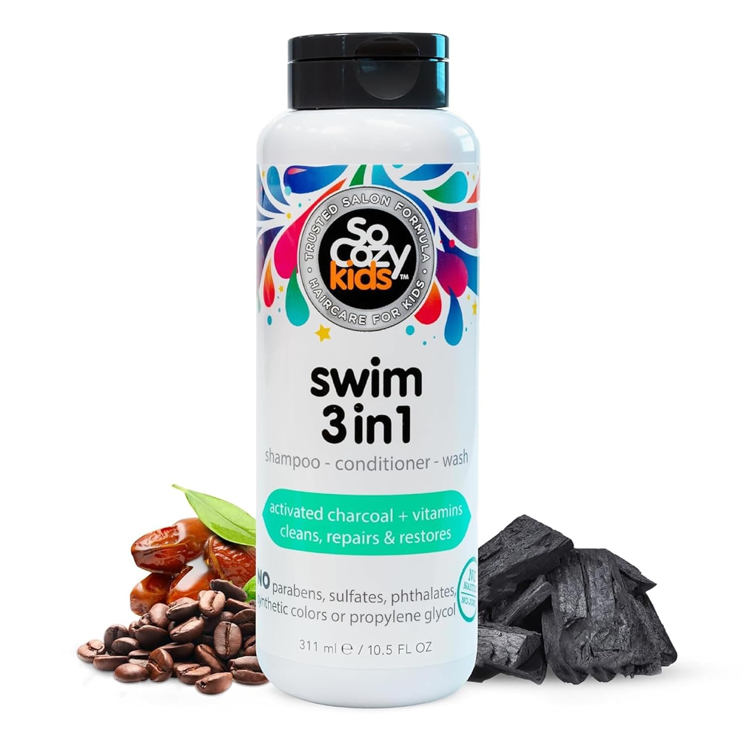 SoCozy Kids Swim 3-in-1 Shampoo, Conditioner & Body Wash - 3-in-1 Combo Pool Shampoo & Conditioner for Swimmers - Salt & Chlorine Removing Activated Charcoal