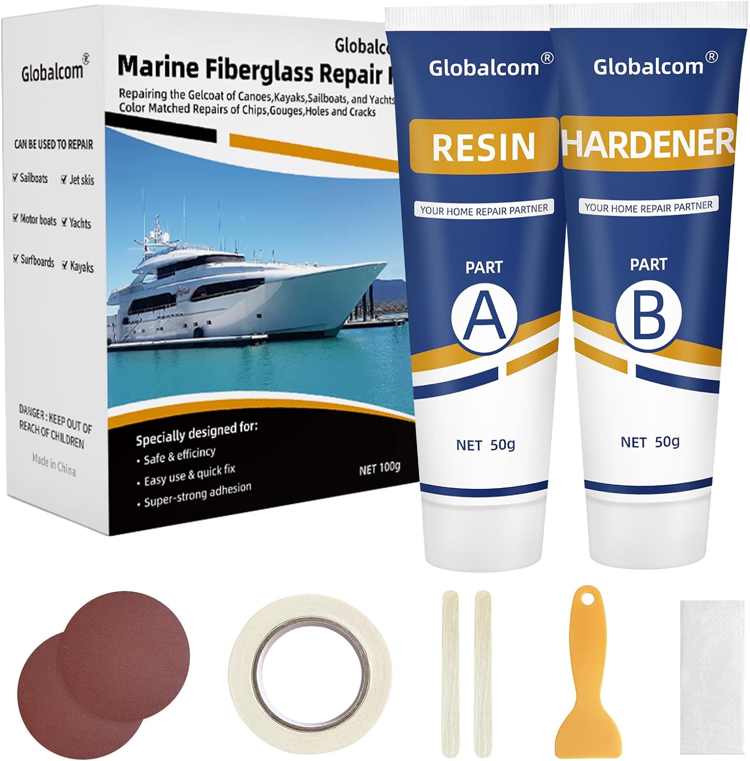 Globalcom Fiberglass Boat Repair Kit White, Gel Coat Repair Kit for Boats | Marine Fiberglass Repair Kit for Boats, Epoxy Filler for Boats, Fiberglass Repair Kit Fix Holes Chips Pit Cracks