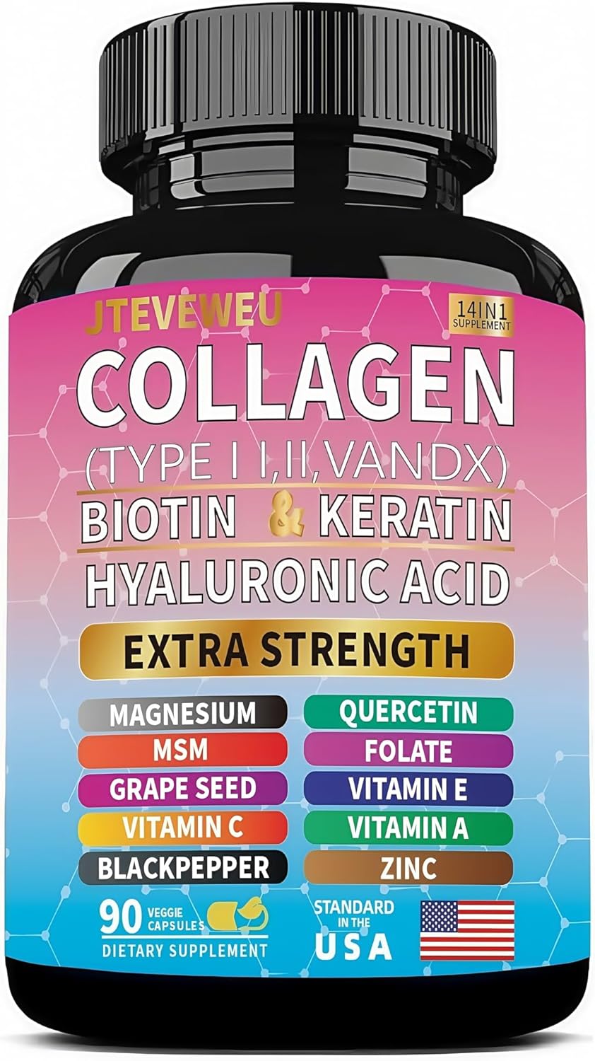 Collagen Supplement - Type I, II, III, V and X - with Biotin, Keratin, Hyaluronic Acid & 13+ Extra Strength Ingredients - （90 Capsules）