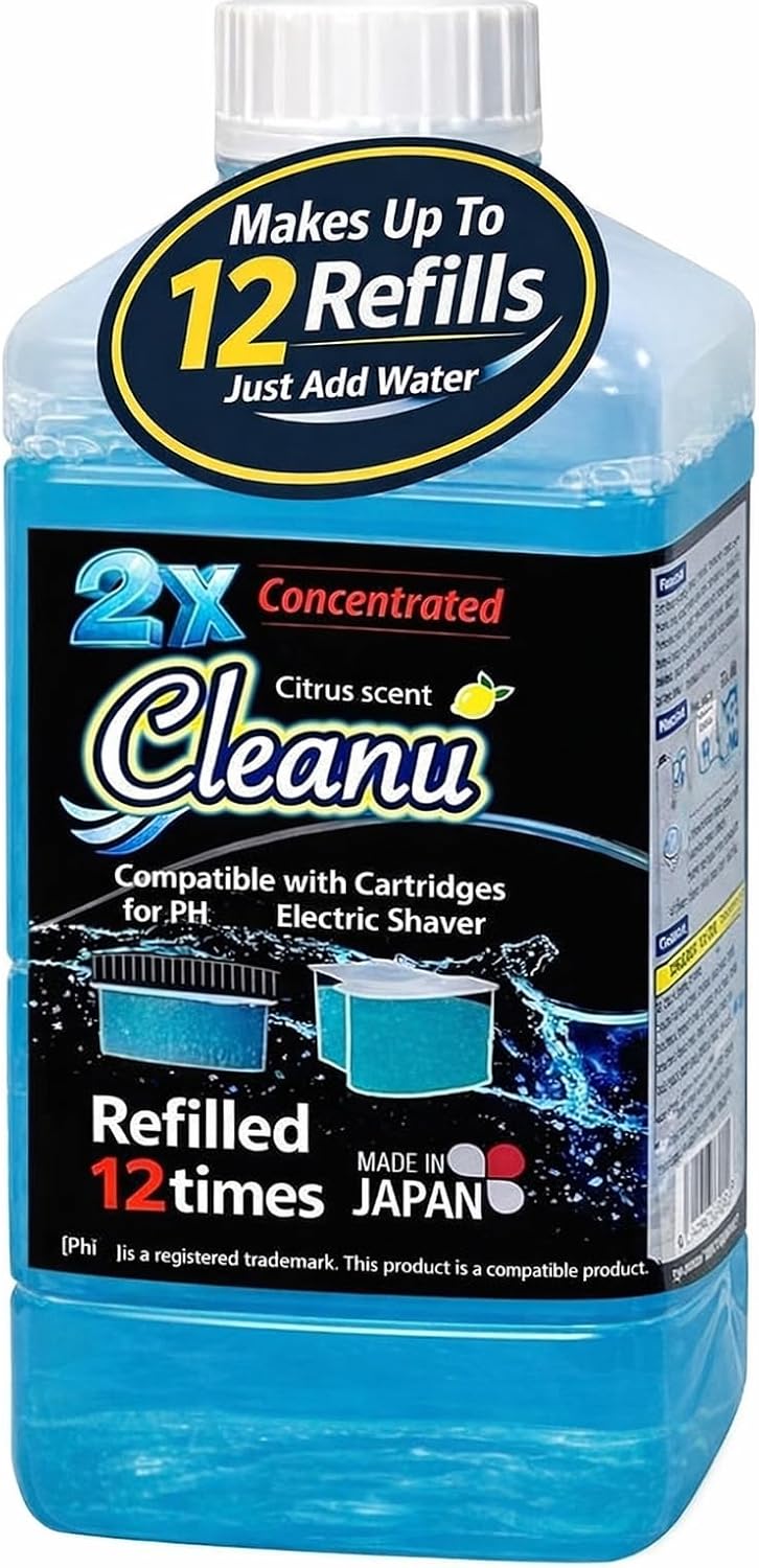 2X Concentrated Shaver Cleaning Solution Refill Compatible with Philips Norelco SmartClean & Quick Clean Pod Systems – Makes Up to 12 Cartridge Refills, 1L (33.8 oz), Made in Japan