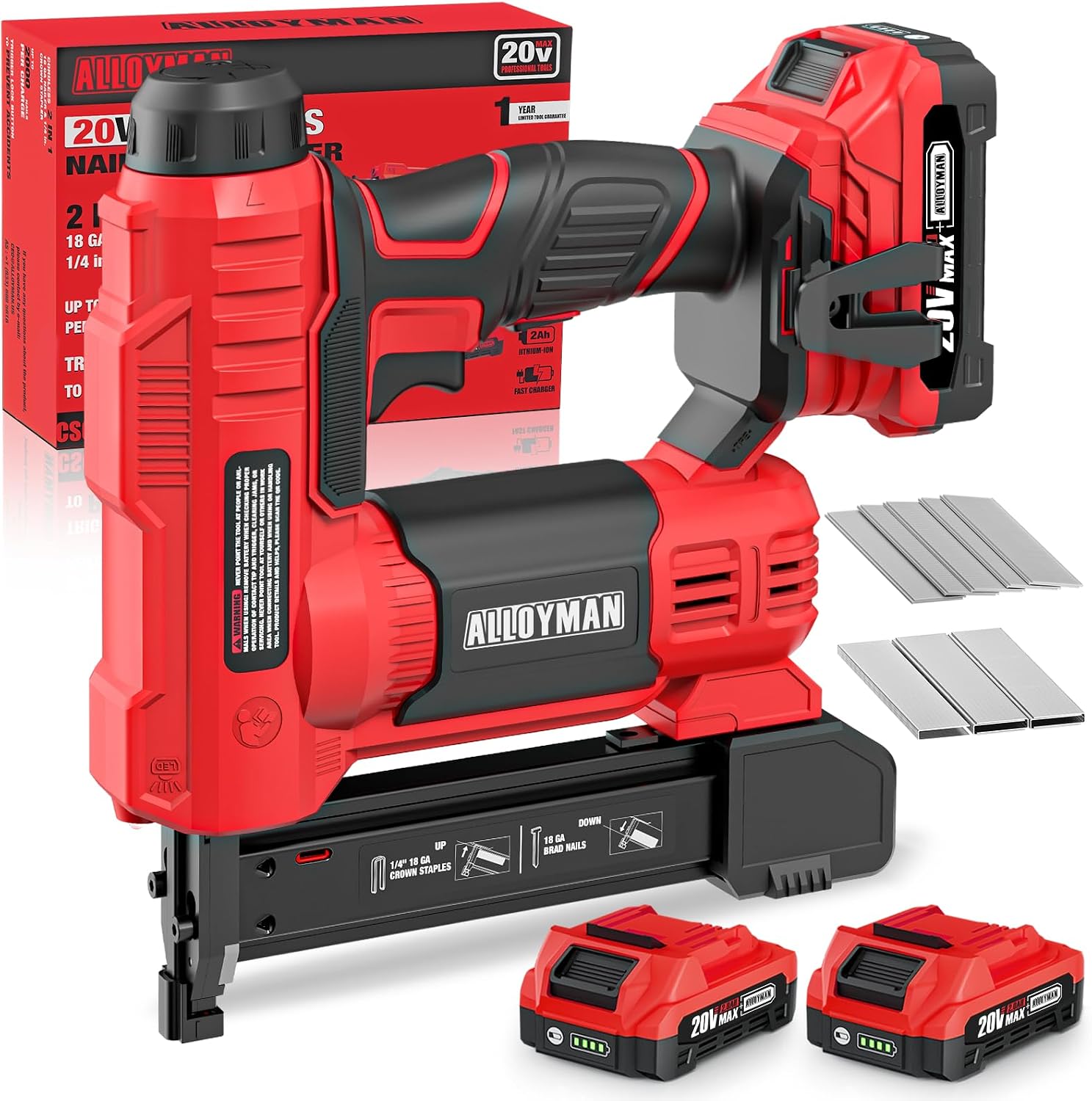 ALLOYPOWER 20V Nail Gun Battery Powered, 2 in 1 Cordless Brad Nailer/Electric Stapler with 2.0Ah Battery and Charger,1000pcs Nails and 500pcs Staples Included for Home Improvement & Woodworking