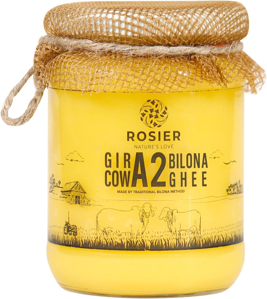 ROSIER A2 Gir Cow Ghee (500 ml) | Traditional Bilona Method Cow Vedic Ghee | Grassfed, Pure and Healthy Desi A2 Cow Ghee (Glass Bottle - 500 ML)