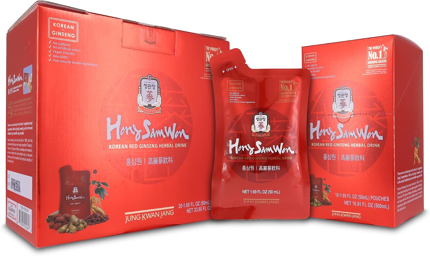 JungKwanJang HongSamWon Korean Red Ginseng Herbal Drink | Energy Drink, Pre Workout, Ginseng Supplement, Herbal Tea | Korean Red Ginseng Extract, Jujube, Ginger, Cinnamon | Vegan Friendly | 20 Count
