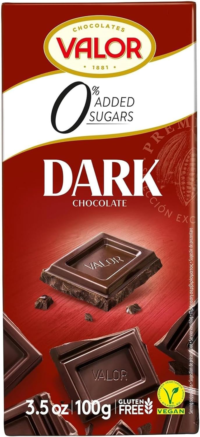 Valor Sugar Free Dark Chocolate Bar - Dark Diabetic Chocolate - Deliciously Smooth Sugar free made with Fine Cacao, Sweetened with Stevia, Gluten Free, Vegan, by Master Chocolatiers, 100g Bar