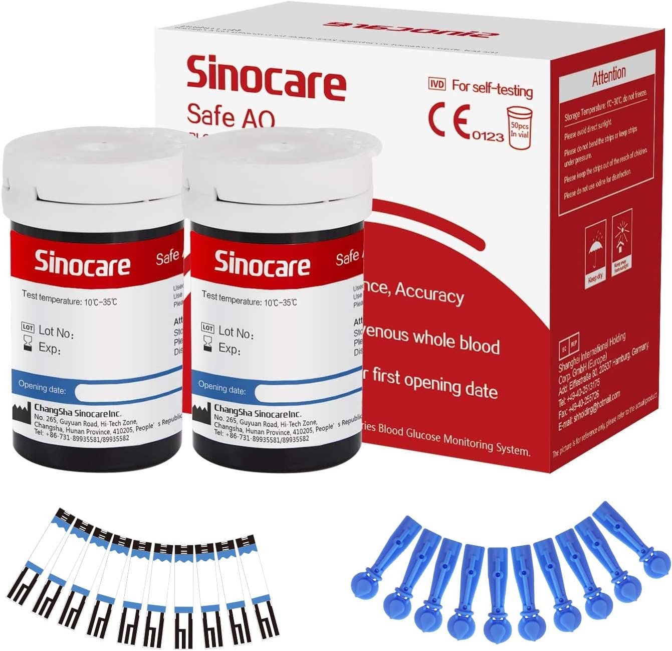 sinocare Blood Glucose Test Strips (Safe AQ) 50pcs & Lancing Devices | Only for Sinocare Safe AQ Smart Glucometer or Safe AQ Voice Blood Sugar Monitor or Safe AQ Air Blood Glucose Monitor