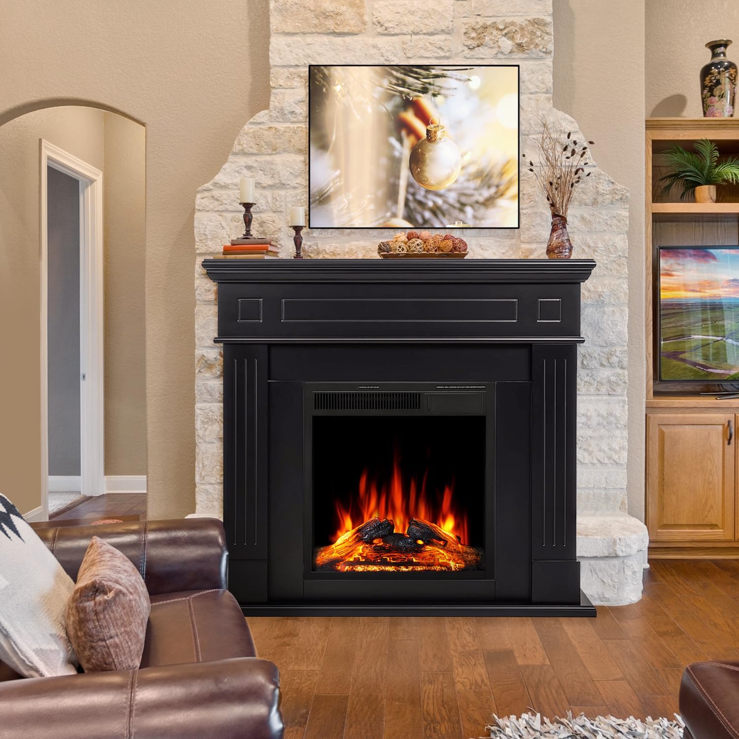43” Electric Fireplace Mantel Freestanding Electric Fireplace, Remote Control, Adjustable Led Flame, 750W/1500W Black