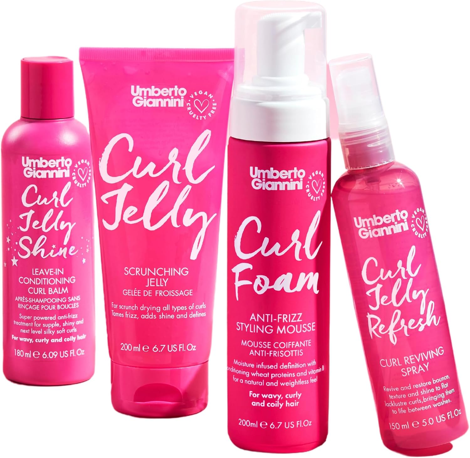 Umberto Giannini De-frizz & Define Curl Jelly Styling Kit - Curl Foam Styling Mousse, Curl Scrunching Jelly, Curl Jelly Shine Leave In Conditioner and Curl Jelly Refresh Curl Spray