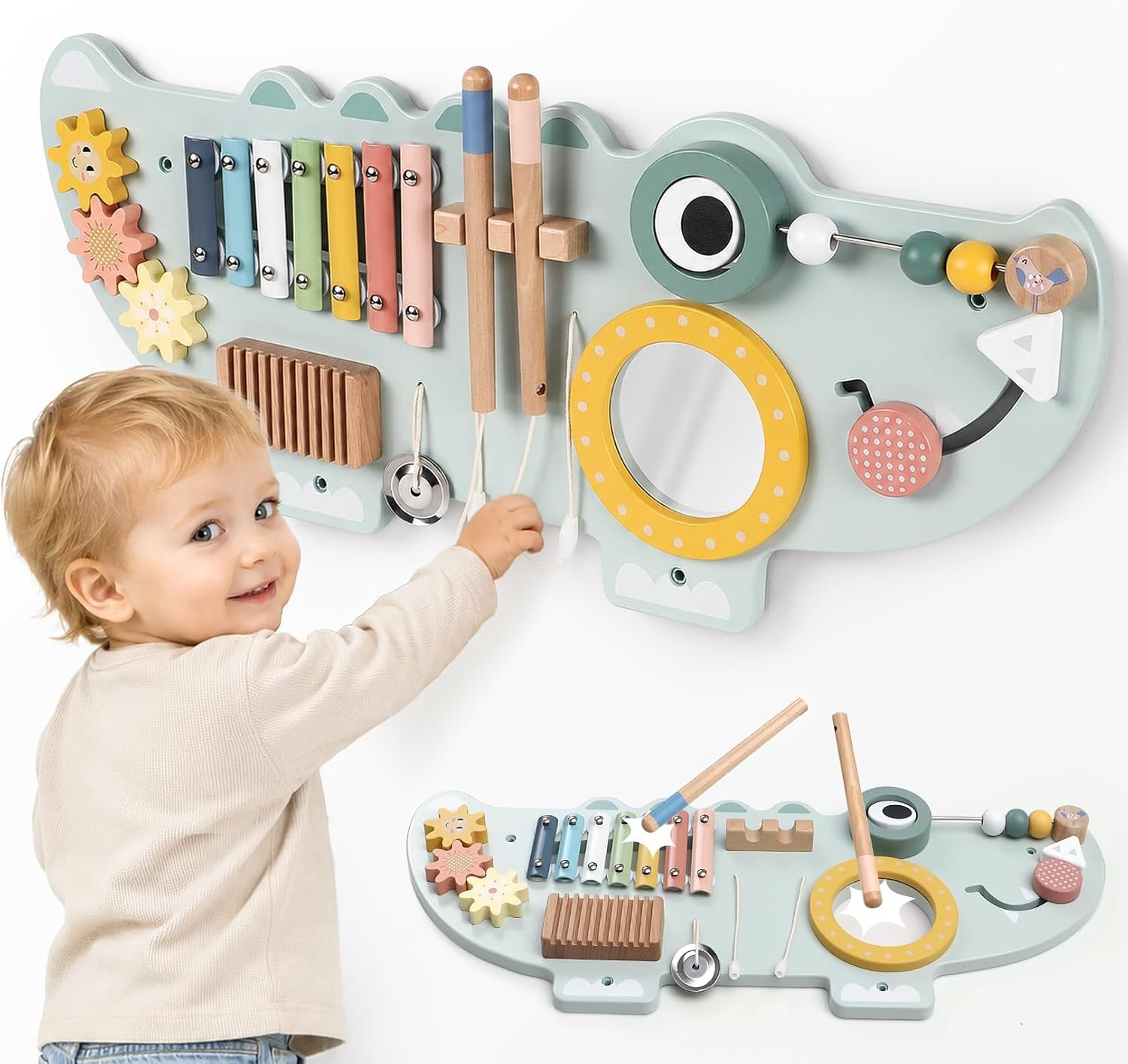 Lewo Crocodile Wall Busy Board for Toddlers Kids, Mucic Montessori Wall Activity Board, Wooden Sensory Wall Toys Panel with Instruments, Learning Activity Center for Playroom, Daycare & Classroom