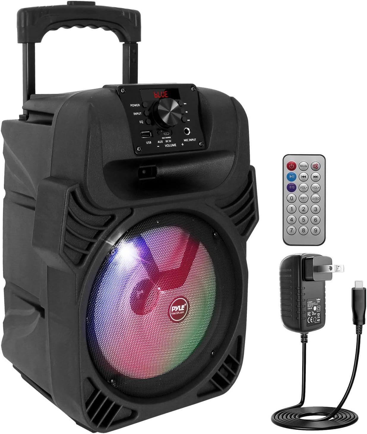 Pyle, Portable Dj Speaker System 400W, Bluetooth Pa Loudspeaker - 8” Subwoofer, USB/MP3/FM Radio/Mic Inputs, LED Lights, Rechargeable Battery w/Remote Control
