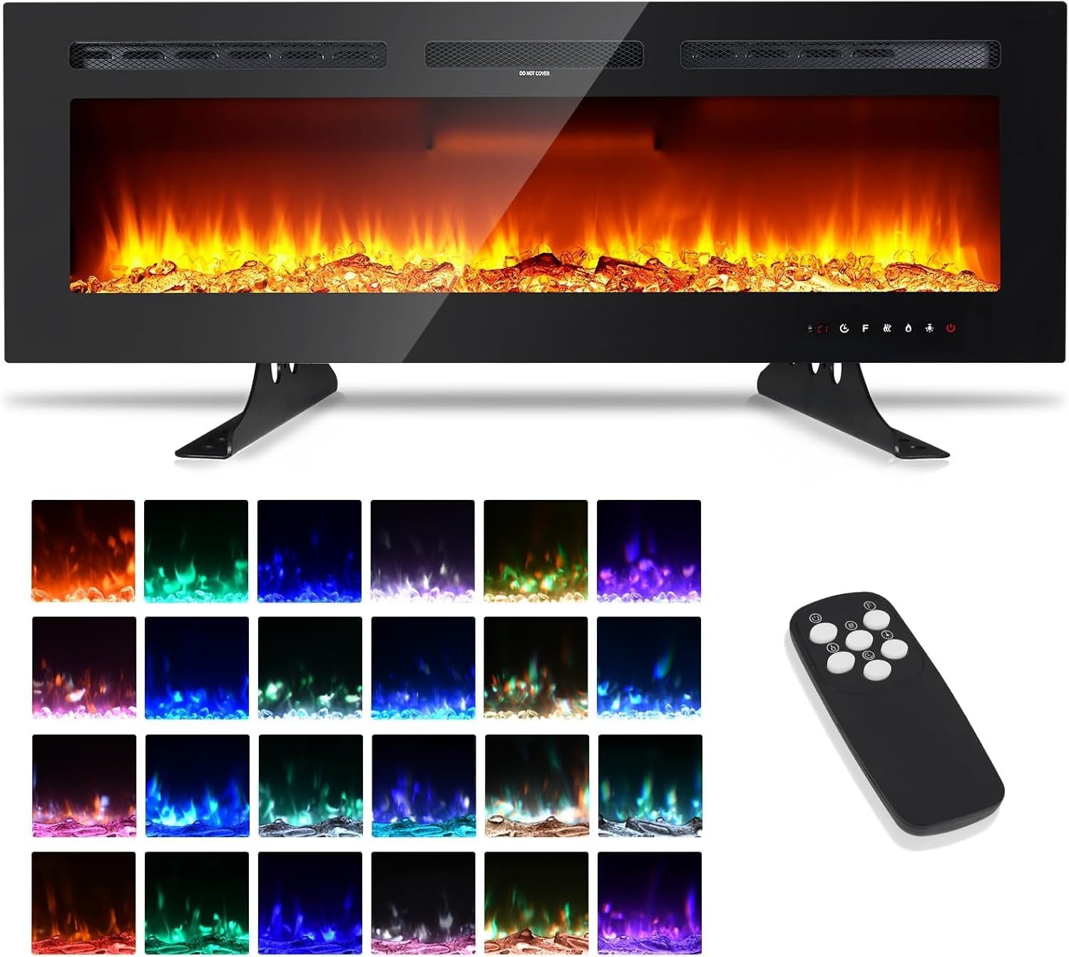 60 Inch Electric Fireplace with Remote Control, Ultra Slim Wall Mount or Recessed Fit, 12 Colour Flame Effects, Dual Heat Settings for UK Homes