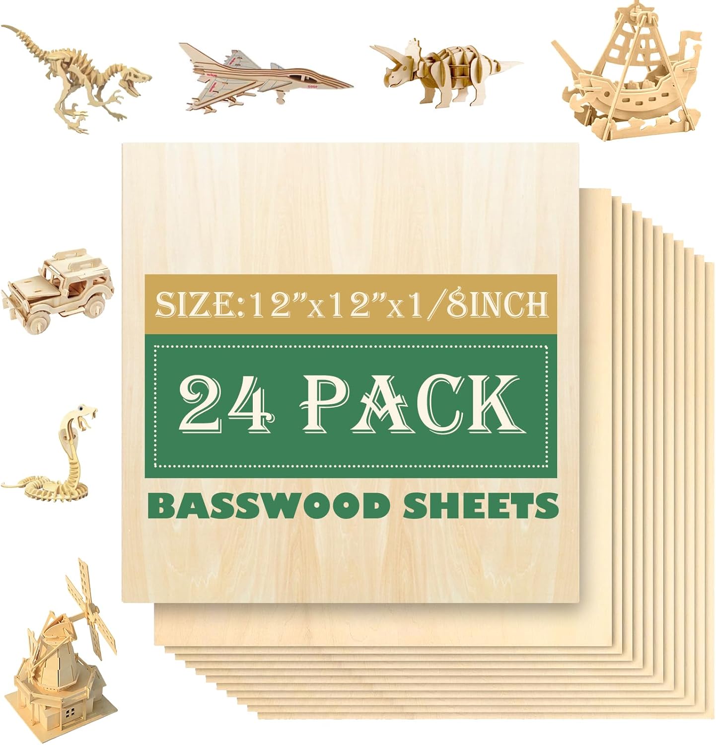 24 Pack 12"x12"Basswood Sheets 1/8",3mm Basswood for Laser Cutting,3mm Plywood Unfinished Wood Craft Wood for DIY Ornaments and Models Drawing Painting Engraving Wood Burning and Laser Cutting