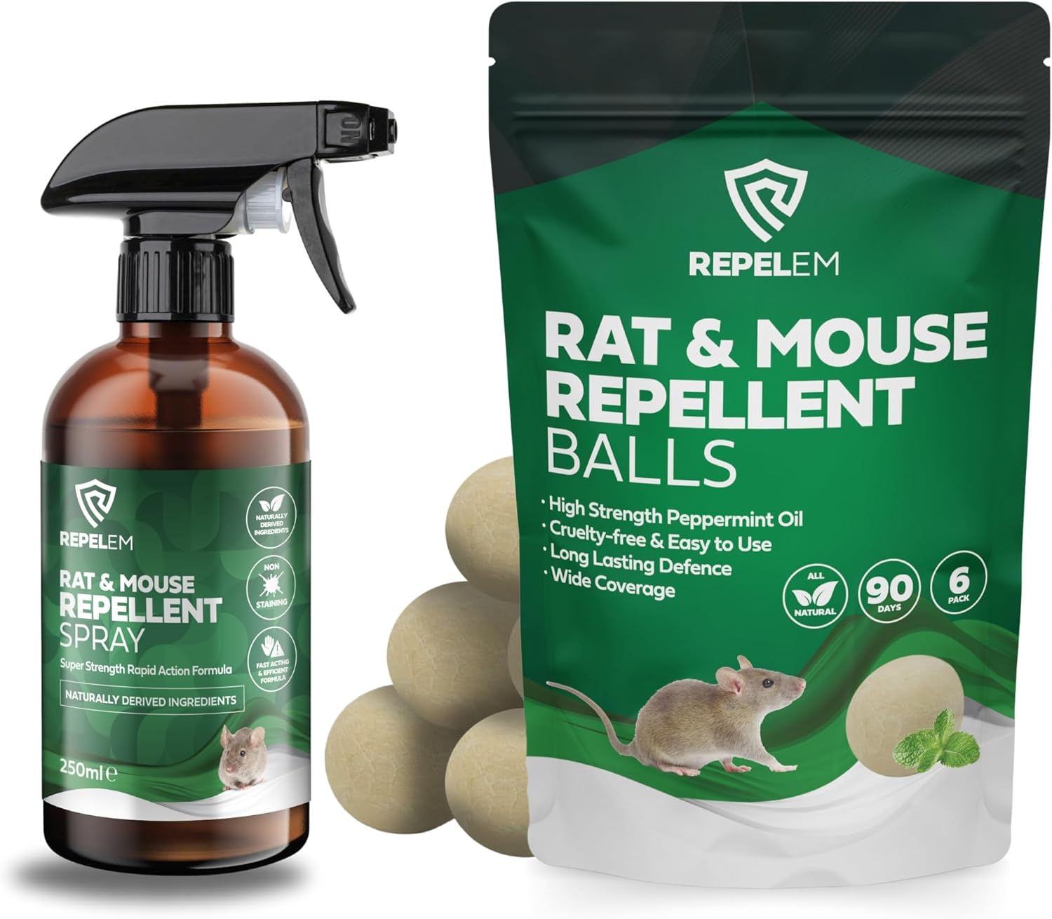 REPELEM Rat & Mouse Repellent Balls | Super Strength Peppermint Oil Mice Repellent, Humane Rat Poison Alternative (Rat & Mouse Repellent Kit with 250ml Rodent Repellent Spray)