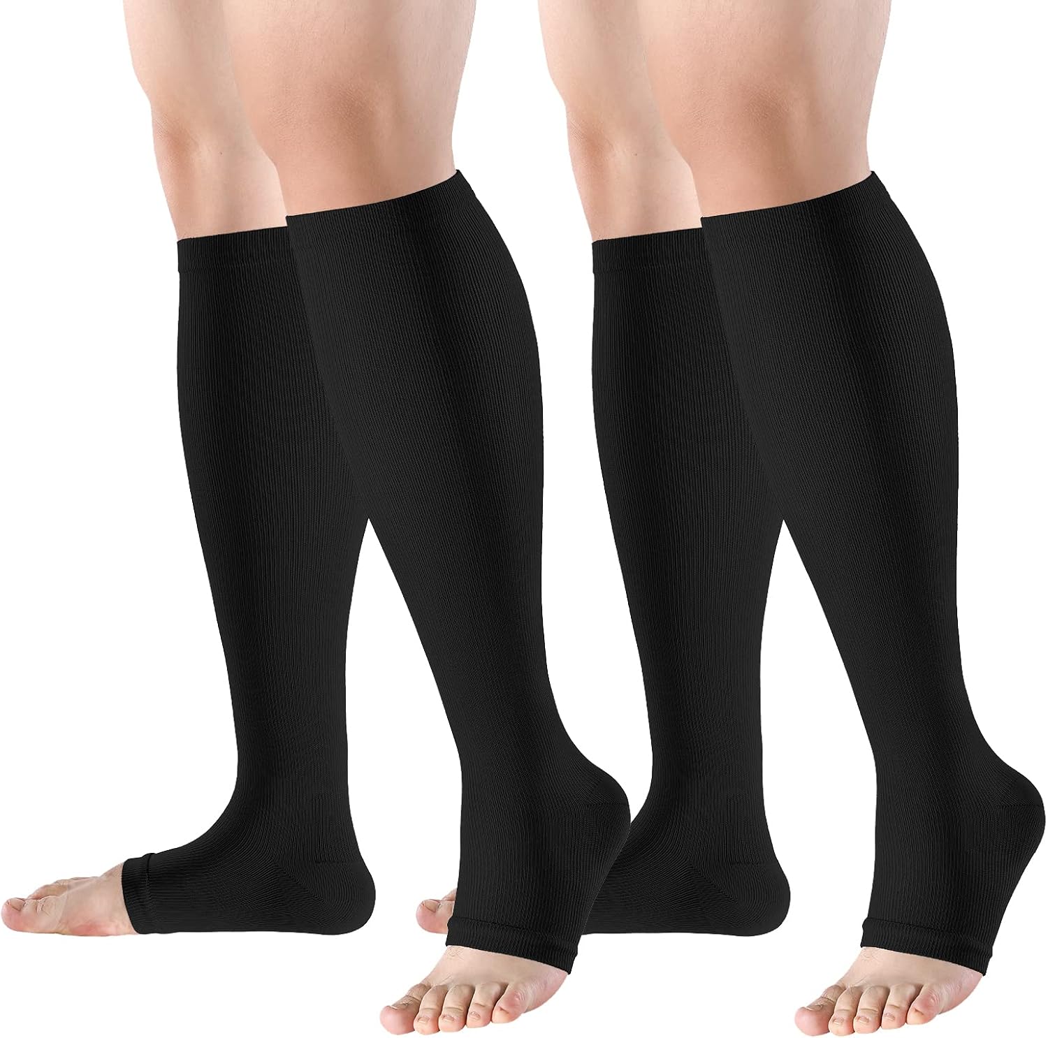 bropite Open Toe Compression Socks for Men & Women - 2 Pairs of 15-20 mmhg Knee High Stockings for Circulation Support