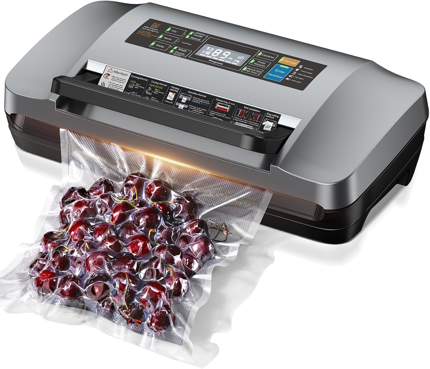 95kpa Vacuum Sealer Machine,Commercial Full Automatic Food Sealer,Powerful Sealing System with Double Heat Seal,Bags Storage, Easy-Lock Handle,Build-in Cutter,1 Bag Rolls and 10 pcs Pre-cut Bags(Grey)