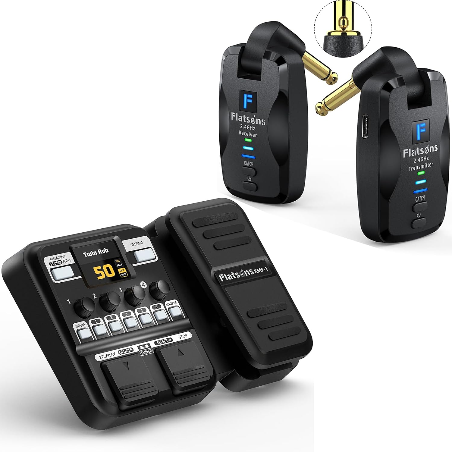 FW2D Wireless Guitar System Exclusive Mute Plug, KMF-1 Multi Effects Guitar Pedal 18 Amp/Cab