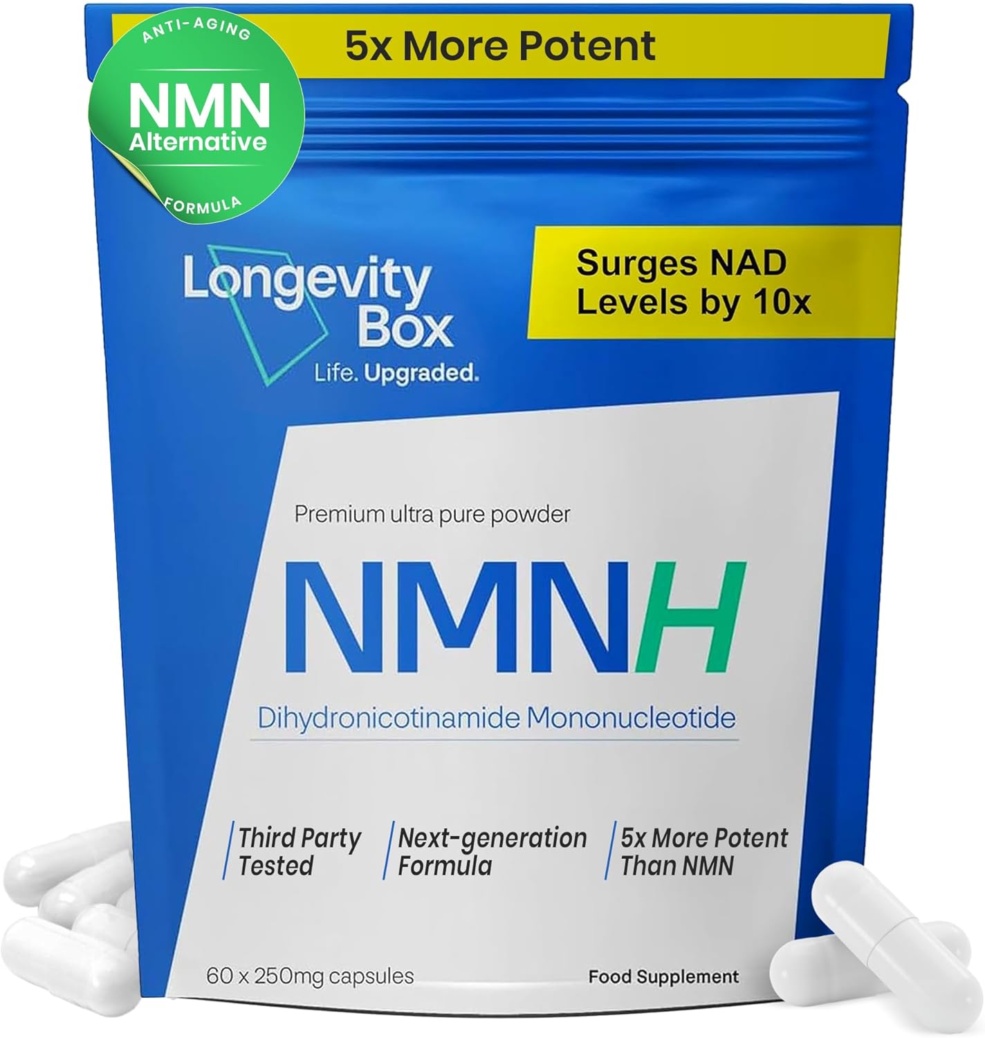 NMNH NMN Alternative 60 x 250mg - 5X More Potent Than NMN Supplement, Advanced Booster, Dihydronicotinamide Mononucleotide for Healthy Aging, Energy, DNA Repair & Cellular Health, 60 Capsules