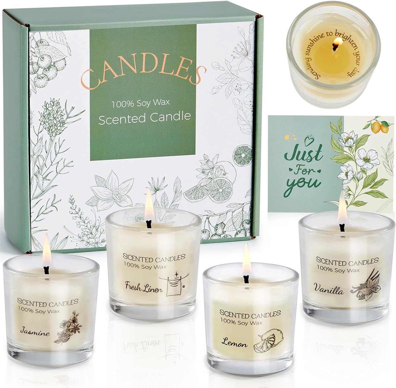 Aptliton Scented Candles Gifts for Women, Votive Candles Set of Fresh Linen, Vanilla, Jasmine, and Lemon, Soy Wax Candle Gift Set for Birthdays, Weddings, Christmas