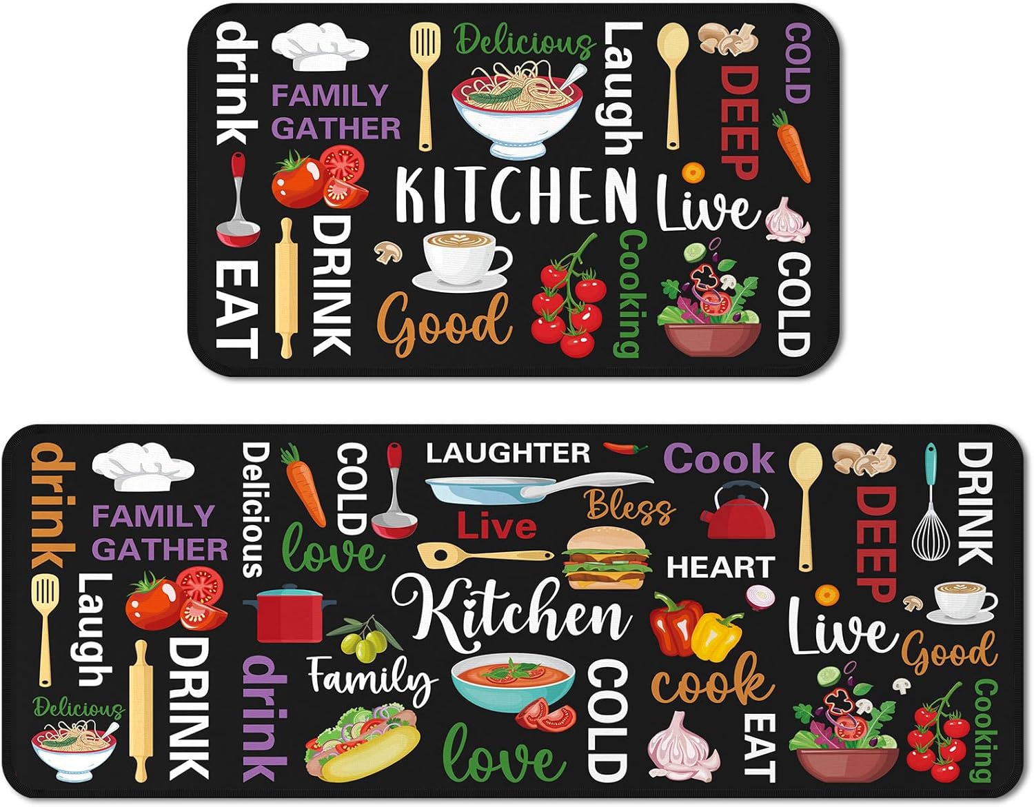 Bencailor Set of 2 Large Kitchen Rugs and Mats, 31.5 x 20 in and 47 x 20 in Non Slip Kitchen Rugs Washable Black Funny Door Mats for Floor Home Bathroom Cabin Decorative