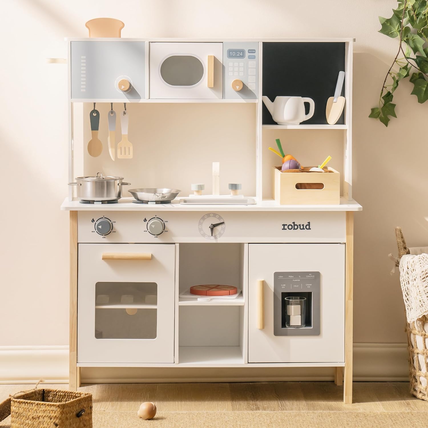 ROBUD Kids Play Kitchen, Wooden Toy Kitchen with Planting Box & Toaster and Cutting Play Foods, Toddlers Pretend Planting Kitchen Playset with Ice Maker and Pizza, Gifts Toys for Girls Boys Ages 3+