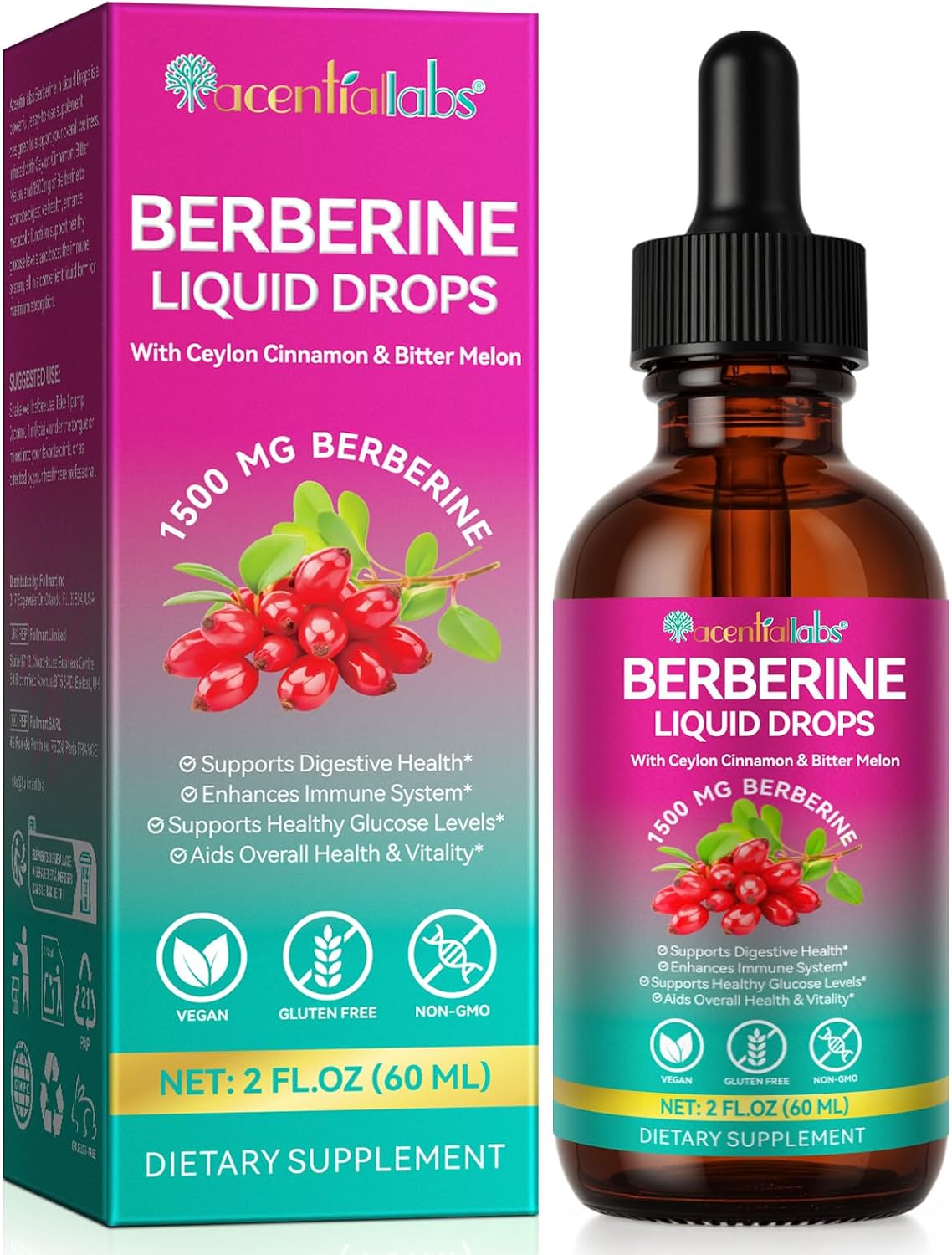 Berberine Supplement with Ceylon Cinnamon, Berberine Liquid Drops with Turmeric Curcumin, Ceylon Cinnamon, Bitter Melon, Digestive Health Support, Immune Support, 60ml