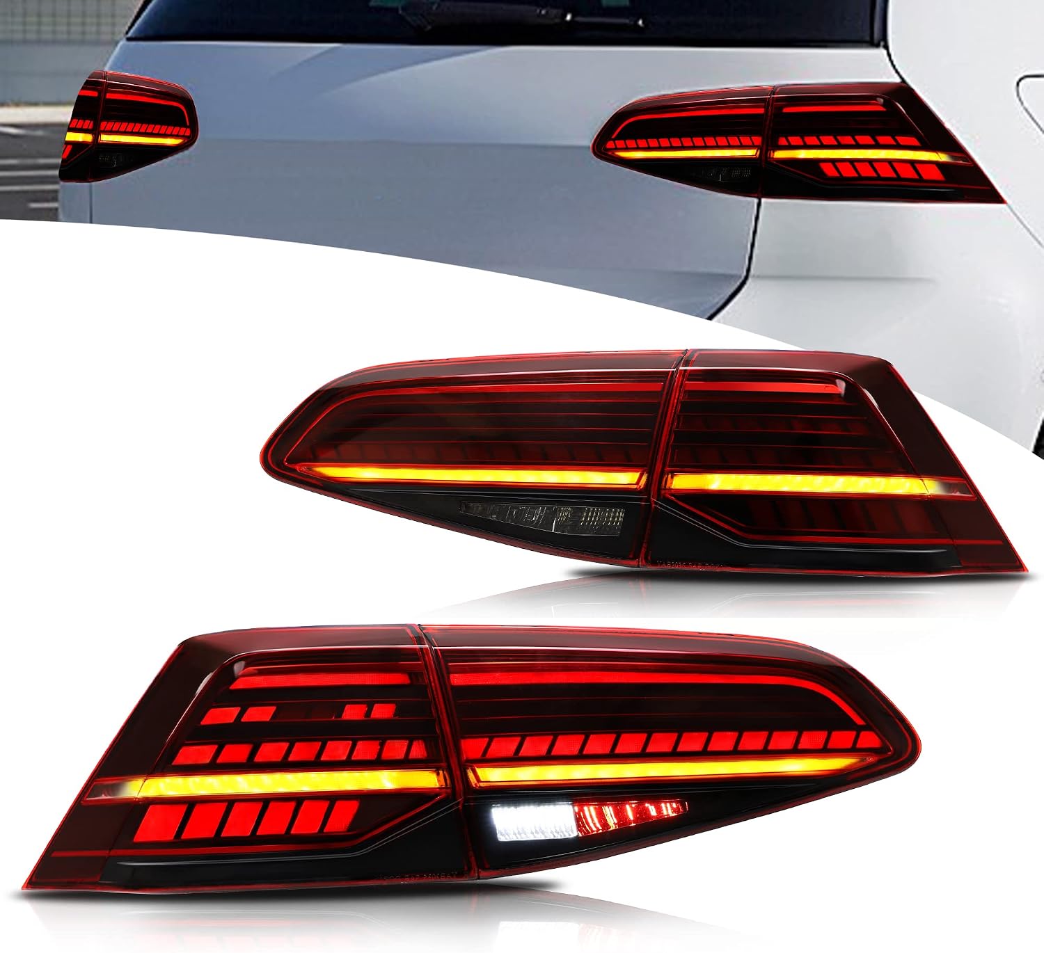 VLAND LED Rear Lights compatible with Golf MK7 Golf MK7.5 Hatchback 2012-2020 [Not fit MK7.5 GTI & R], w/Sequential indicator, Driver & Passenger Side - Red