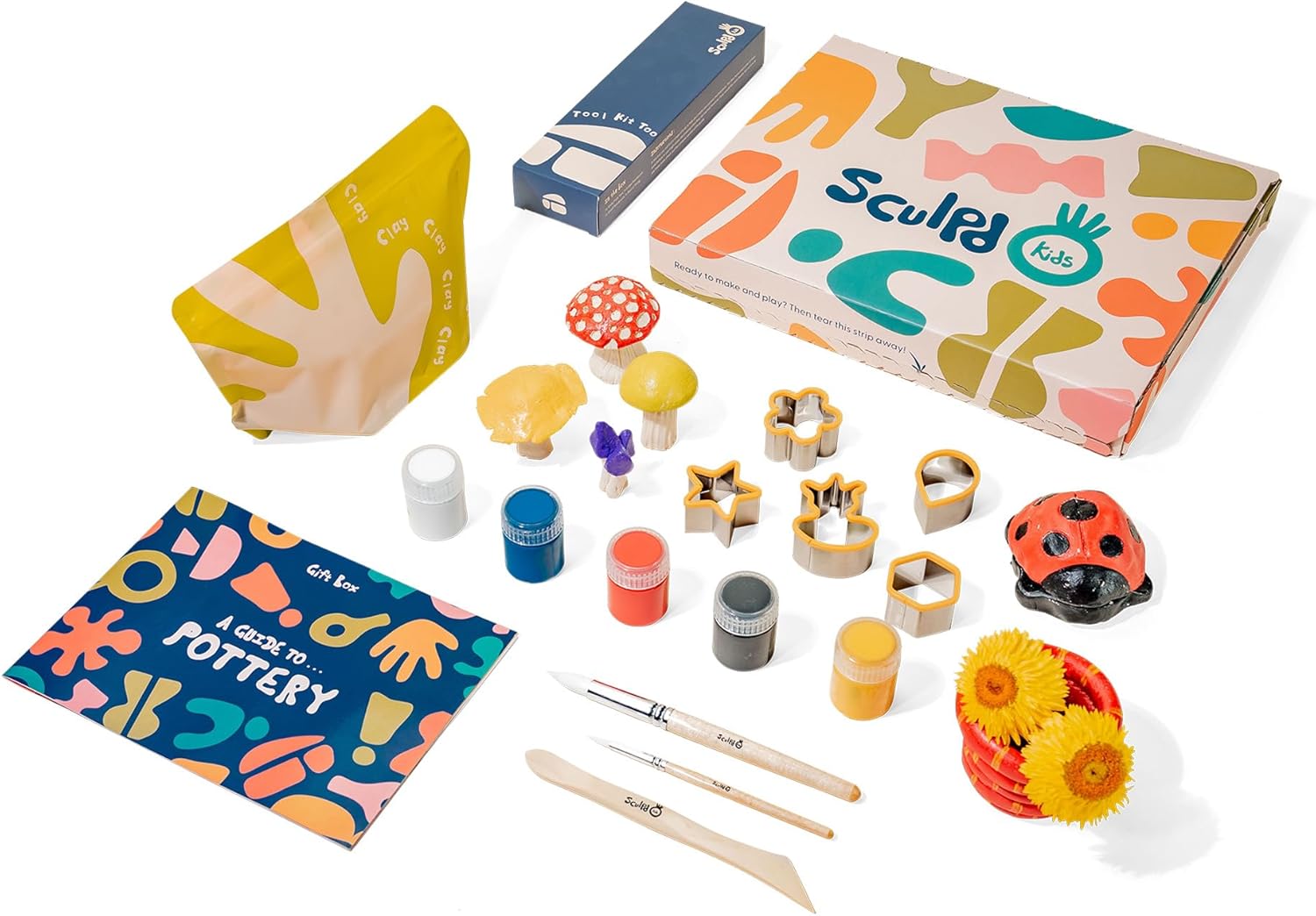 Sculpd Kids Pottery Kit, Air-Dry Clay Starter Kit for Kids Age 4 to 6, Air Dry Clay with 5 Colour Paint Set, Paintbrushes, Pottery Tools, Clay Cutters, Sponge and Step-by-Step Guide