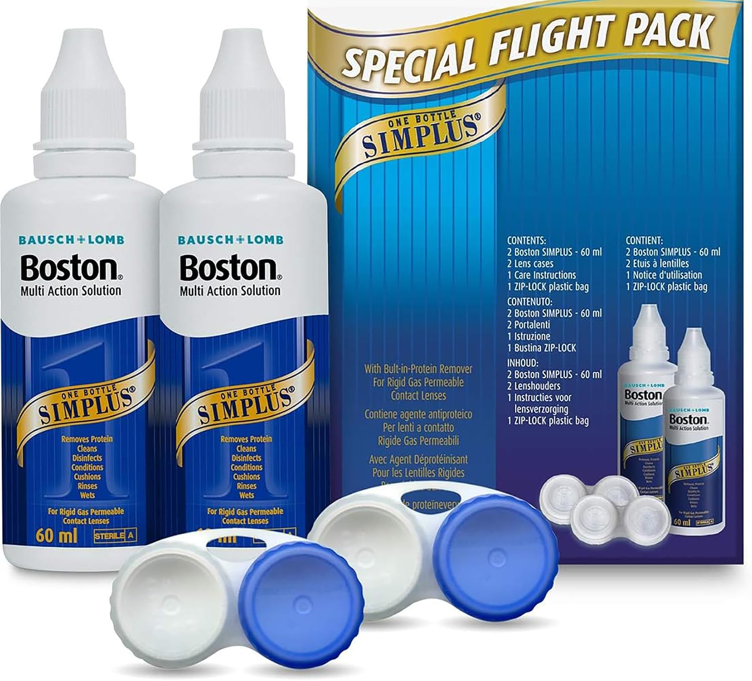 Boston Simplus Travel Contact Lens Solution, for RGP Lenses, 2 x 60 ml | Bausch + Lomb, Rigid Gas Permeable Contact Lenses, One-step Bottle, Removes Proteins, 2 x Lens Cases Included, Flight Pack