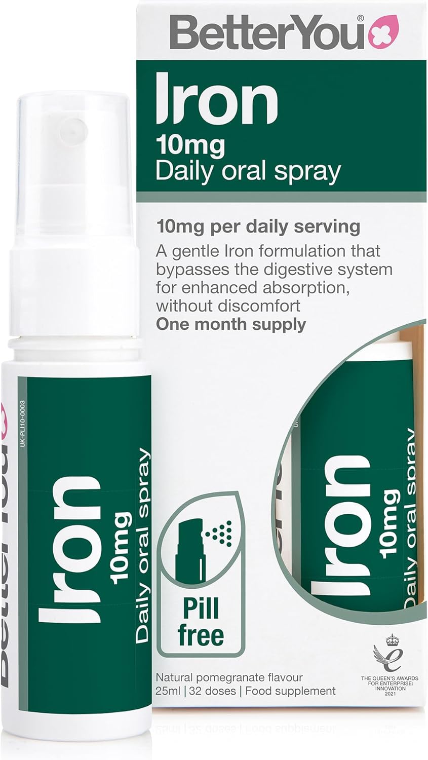 BetterYou Iron Supplement, High Strength Iron 10 Liquid Oral Spray for Men and Women, Fast-Acting to Support Energy & Immune System, Gentle on Stomach, Natural Pomegranate Flavor, 25ml