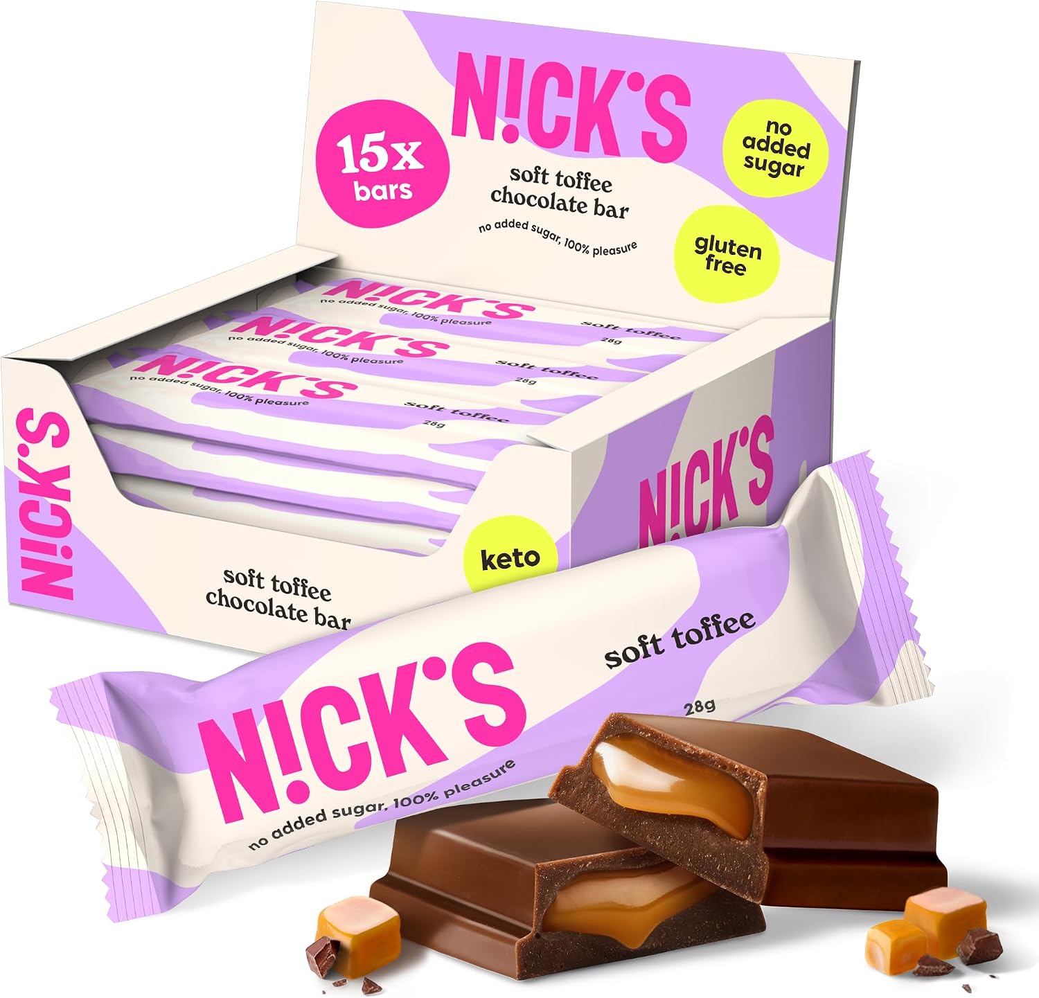 N!CK'S Soft Toffee Keto Chocolate Bars No Added Sugar 110 Calories, 3.5 Net Carbs, Gluten Free Caramel Sweets Low carb Candy Snack Bar (Multipack 15x28g)