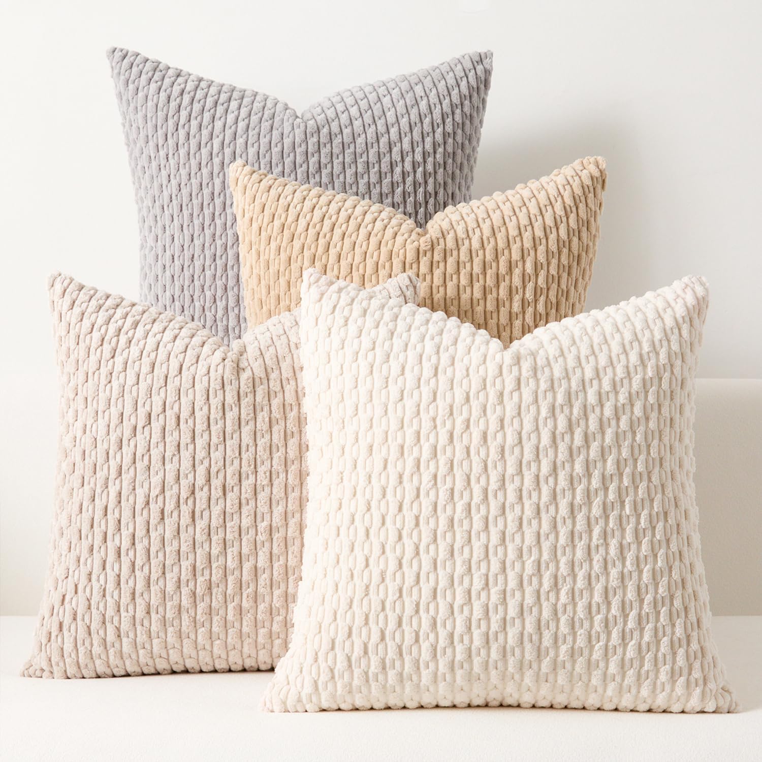 Kevin Textile Decorative Pillow Covers 16x16 Inch Set of 4 Soft Boho Corduroy Throw Pillow Cases Mix and Match Colors Plush Texture Throw Pillows for Sofa Couch Bedroom Home Decor Cream Beige/Taupe